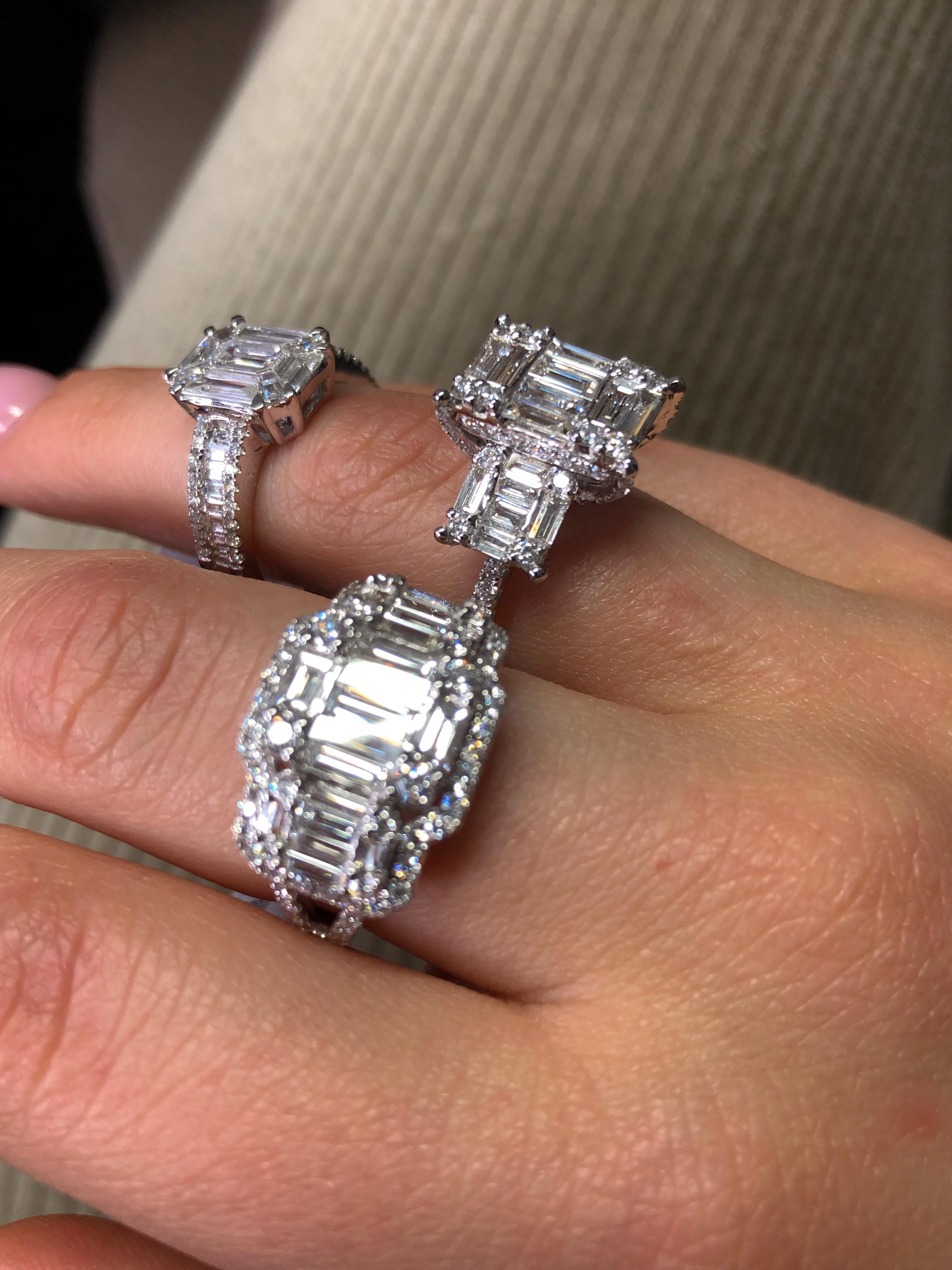 Baguette Cut 18KT White Gold Baguette Round Diamond 3 Cluster Illusion Engagement Ring For Sale