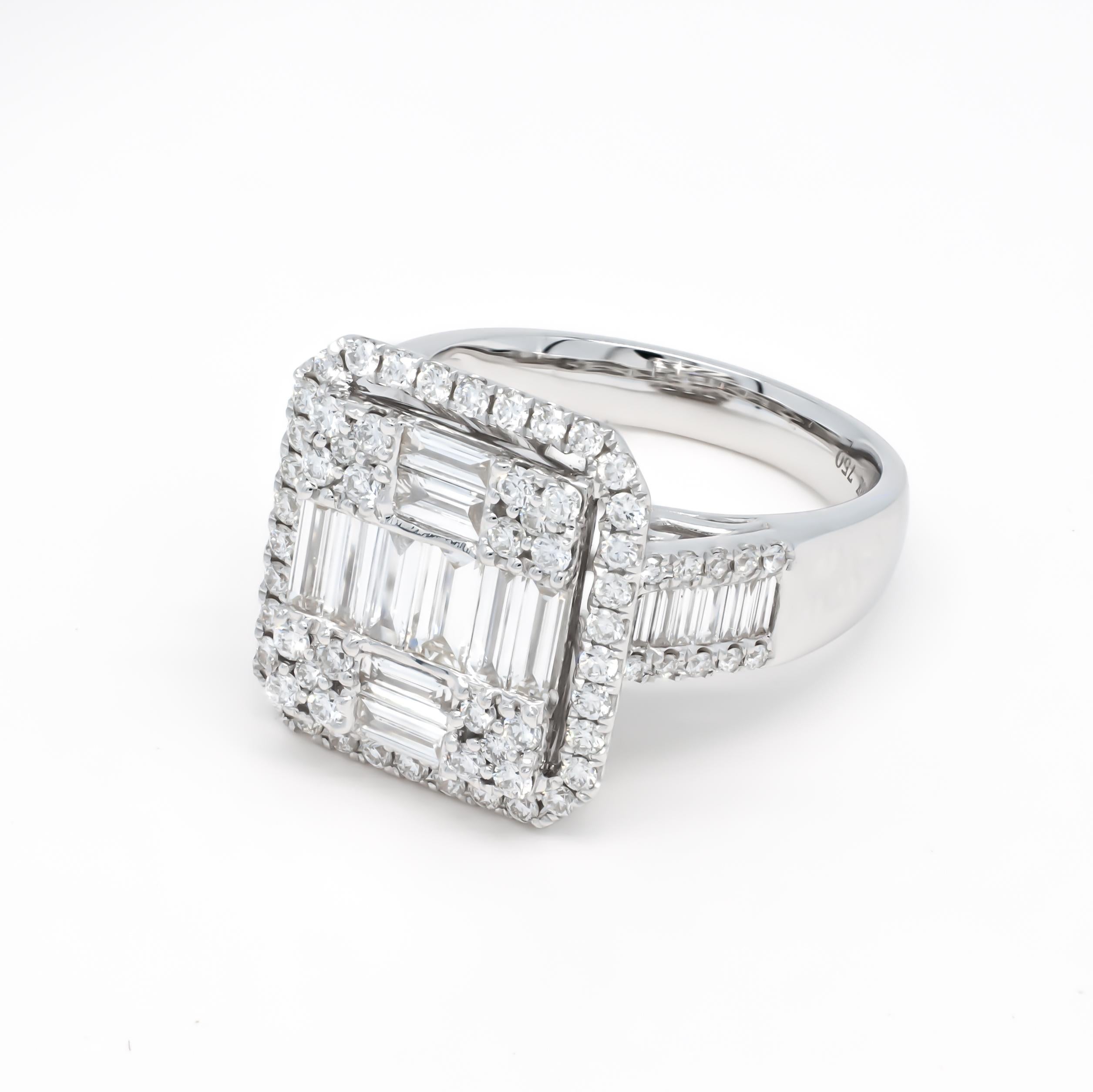 For Sale:  18KT White Gold Baguette Round Diamond Cluster Halo Side Accented Cocktail Ring 2