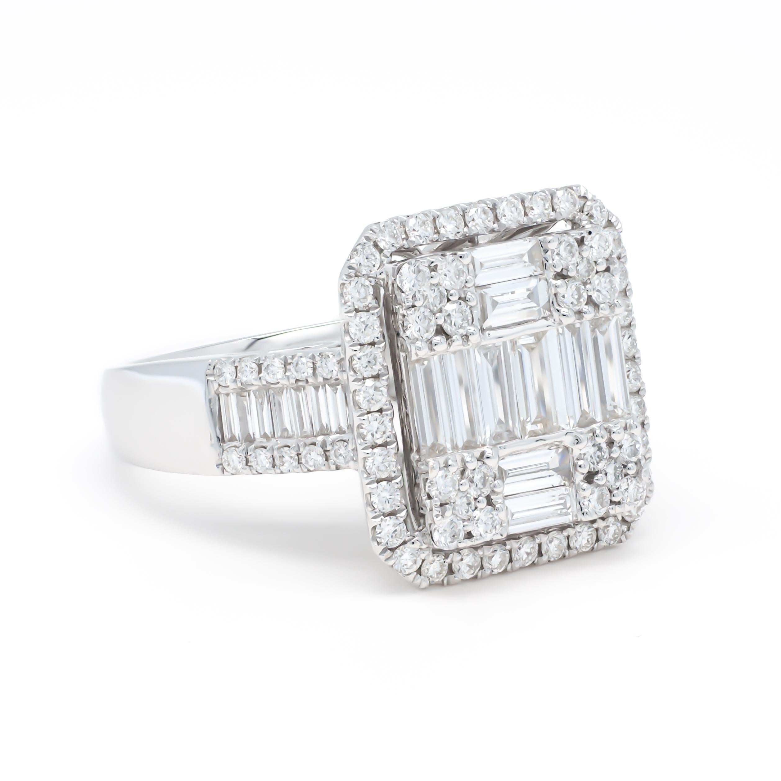 For Sale:  18KT White Gold Baguette Round Diamond Cluster Halo Side Accented Cocktail Ring 4