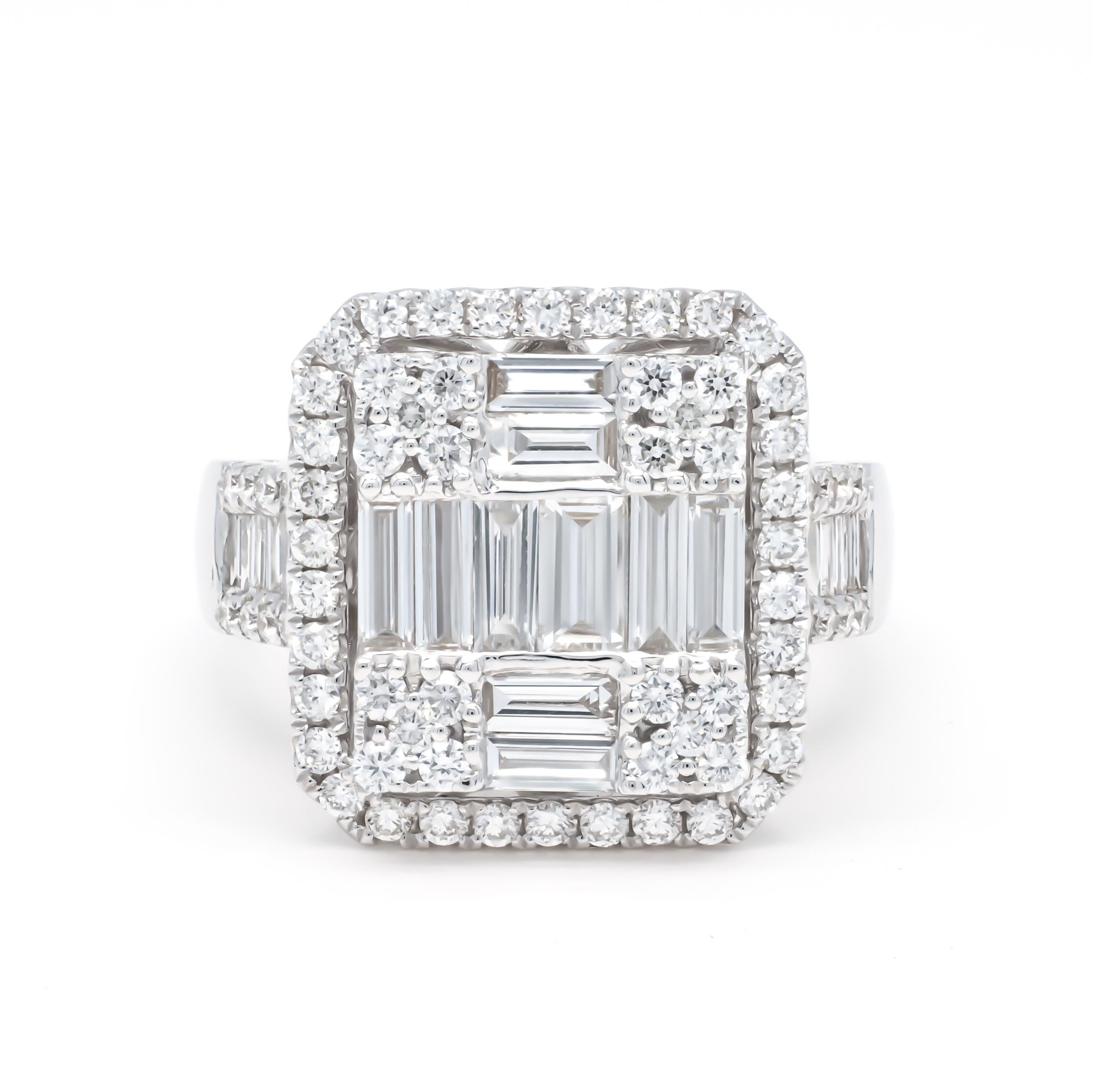 For Sale:  18KT White Gold Baguette Round Diamond Cluster Halo Side Accented Cocktail Ring 5