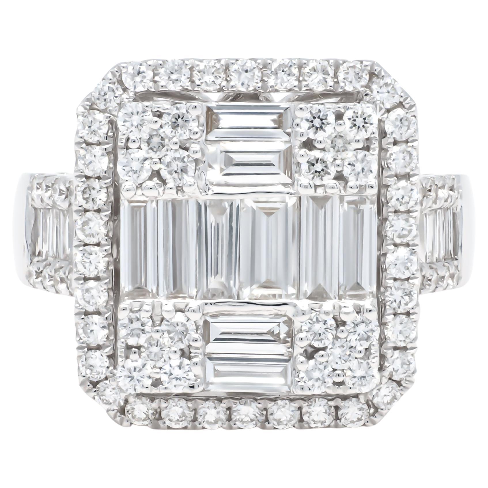 For Sale:  18KT White Gold Baguette Round Diamond Cluster Halo Side Accented Cocktail Ring