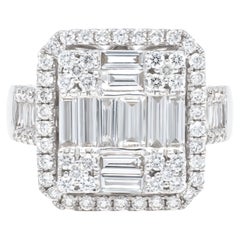 18KT White Gold Baguette Round Diamond Cluster Halo Side Accented Cocktail Ring