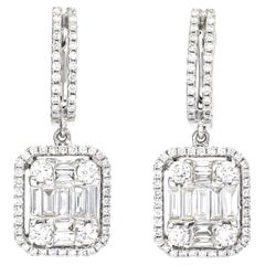 18KT White Gold Baguette Round Natural Diamond Halo Illusion Hoop Drop Earrings