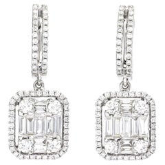 18KT White Gold Baguette Round Natural Diamond Halo Illusion Hoop Drop Earrings