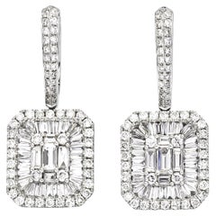 18KT White Gold Baguette Round Diamond Cluster Star Burst Halo Hoop Dangler 18KT White Gold Baguette Round Diamond Cluster Star Burst Halo Hoop Dangler