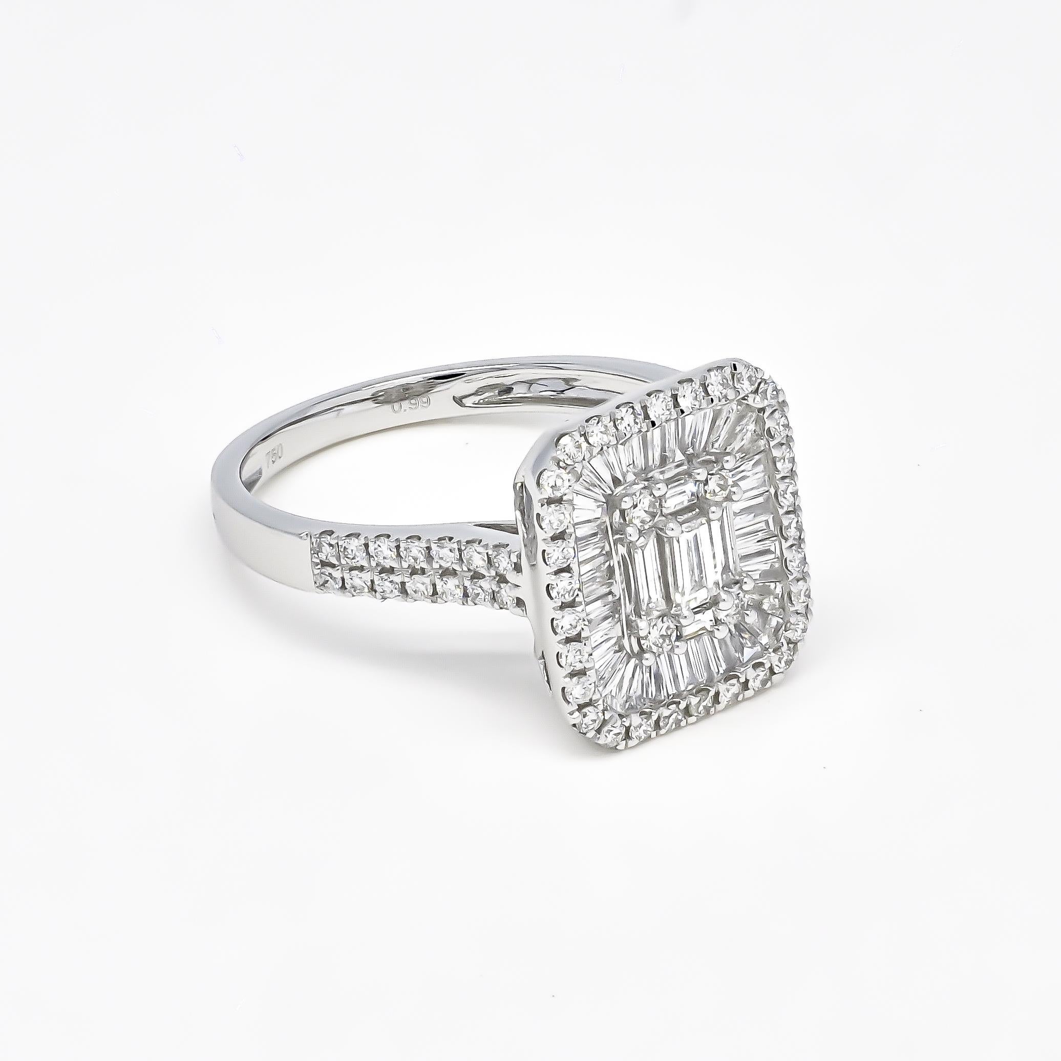 Dieser wunderschöne Verlobungsring in Form eines Halo-Clusters mit runden und Baguette-Diamanten und schönem, mit Diamanten besetztem Schaft ist noch einen Schritt weiter als nur wunderschön. 

Der einzigartige Glanz von Diamant-Baguetten kommt in