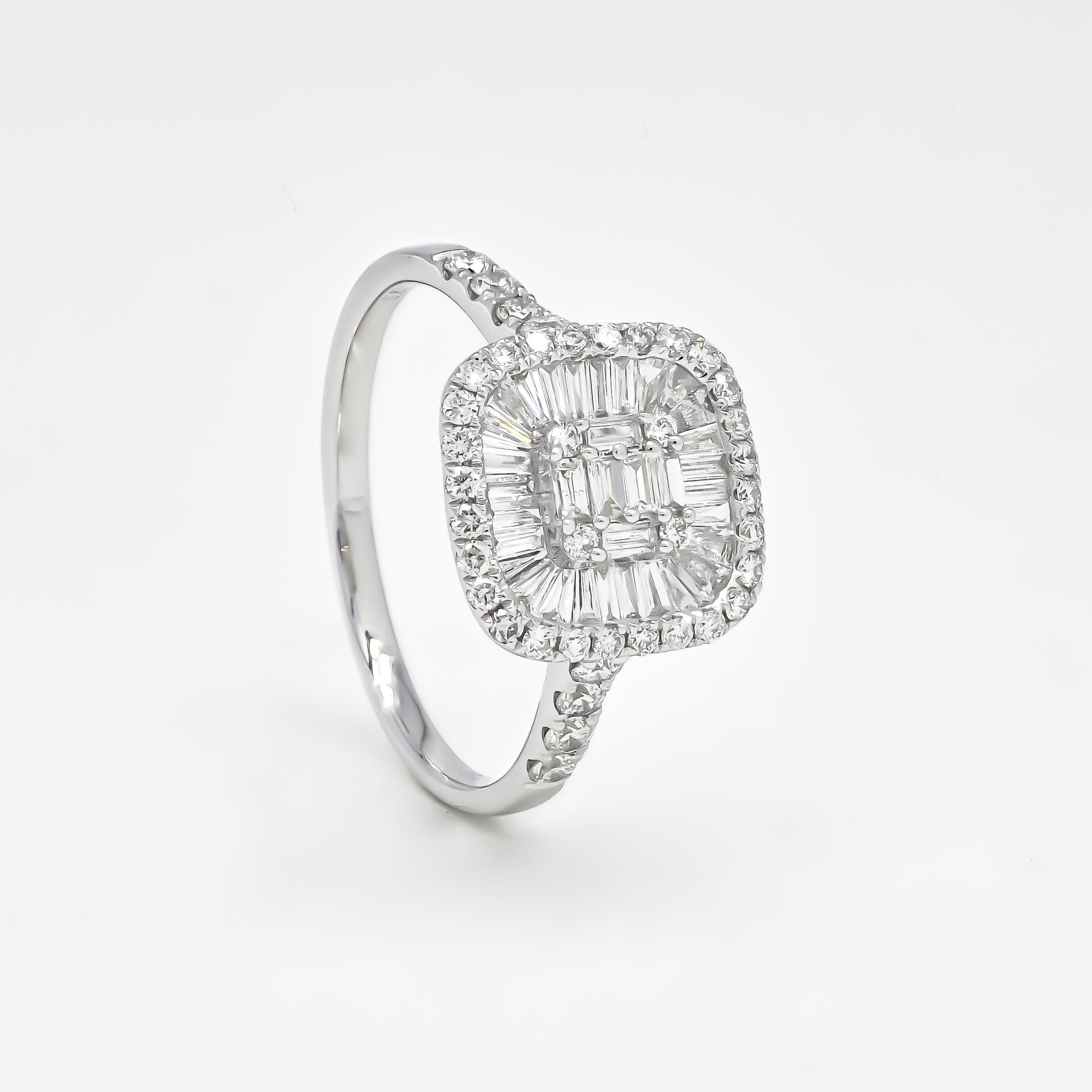 The 18KT White Gold Bridal Modern Ring is a petite and unique diamond ring, perfect for the modern bride who loves to make a statement with her jewelry. The starburst design, featuring baguette diamonds, adds extra sparkle and glamour to the piece.