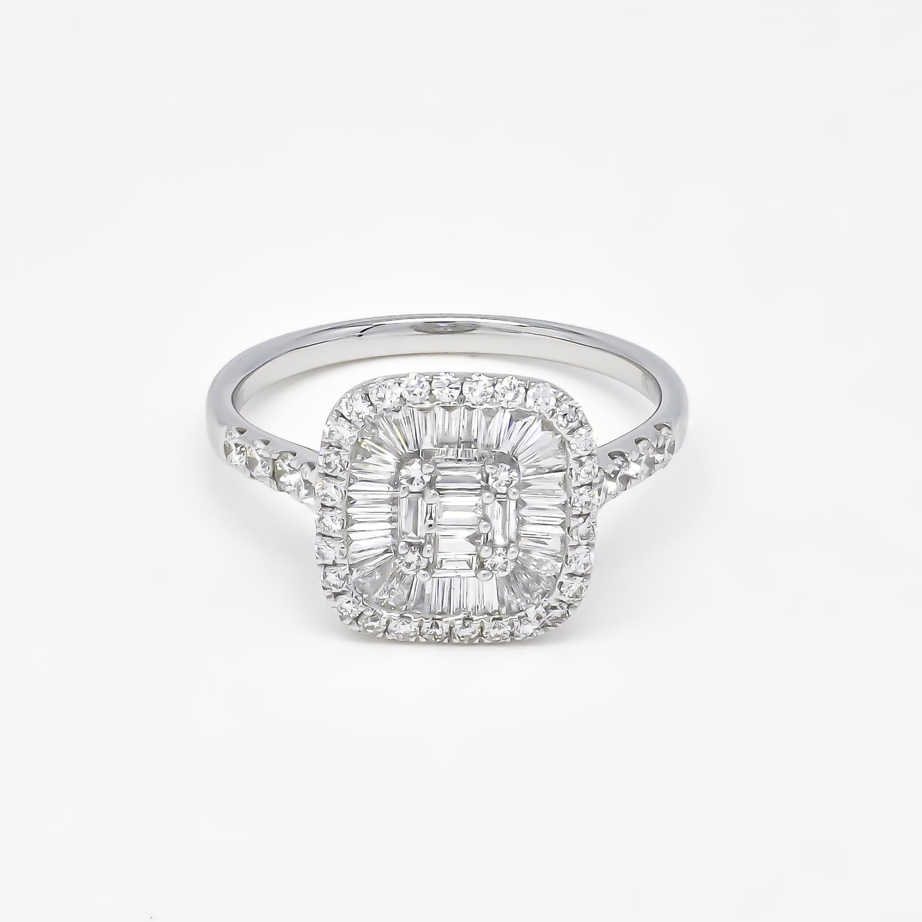 Art Deco 18KT White Gold Baguette Round Diamond Halo Cluster Star Burst Engagement Ring  For Sale