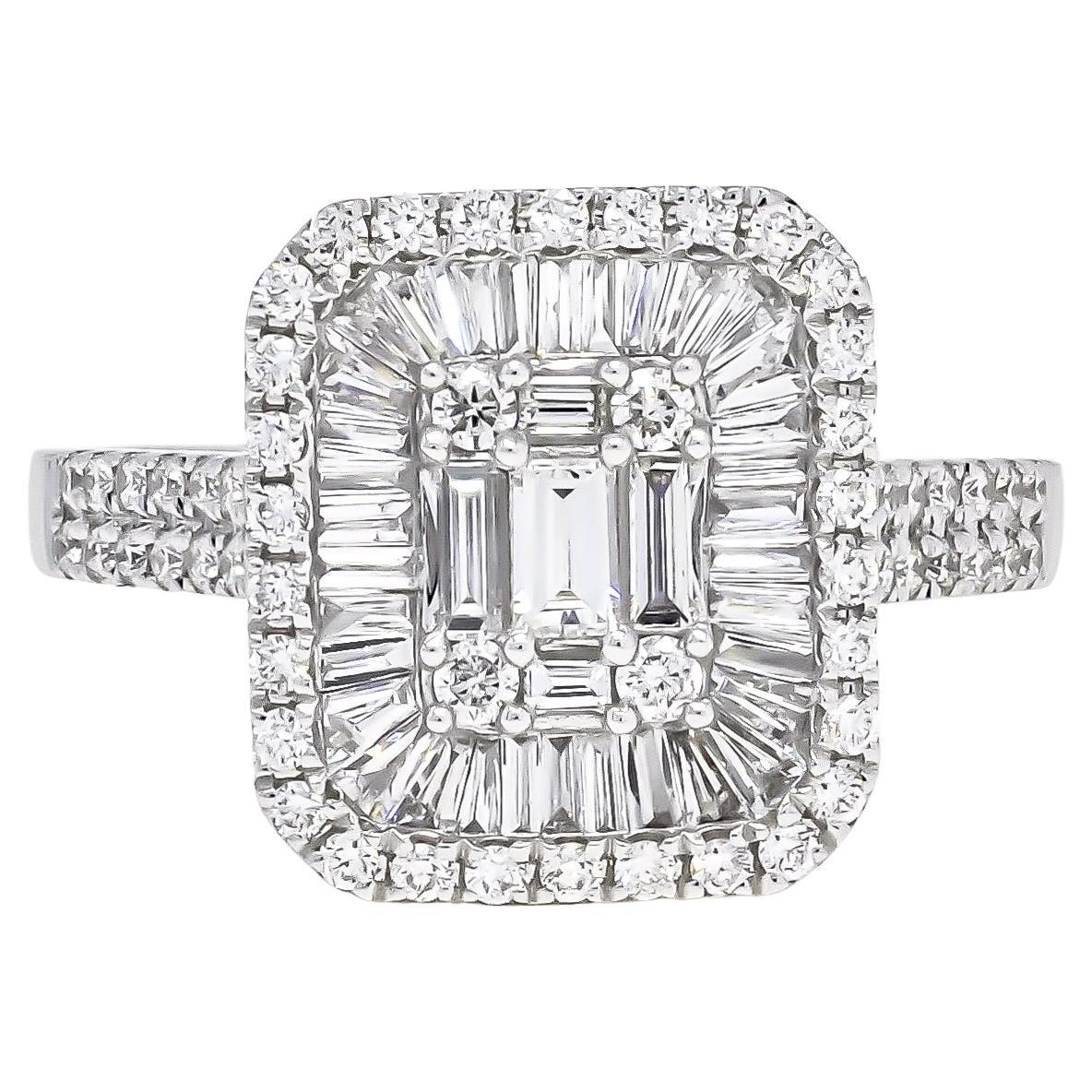 18KT White Gold Baguette Round Diamond Halo Cluster Star Burst Engagement Ring For Sale
