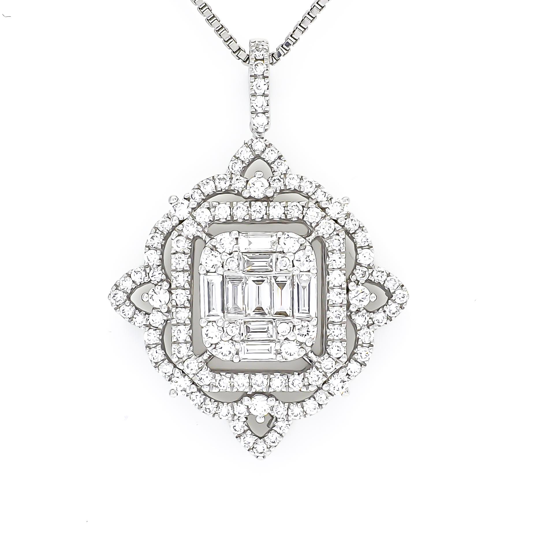 Make sparkle a priority with this elegant baguette and Round diamond Cluster Halo with a delicate design open work around the cluster in this pendant necklace.

Inspired by the era of elegance, this vintage-style pendant necklace is designed with