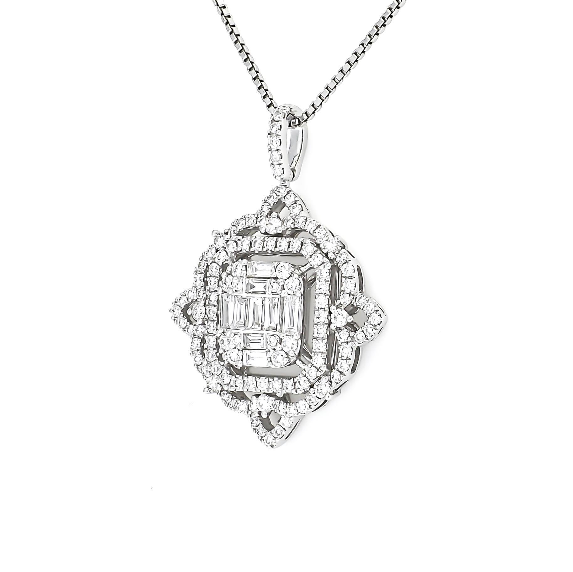 Baguette Cut Natural Diamond Pendant 1.10 ct 18 Karat White Gold Pendant Chain Necklace For Sale