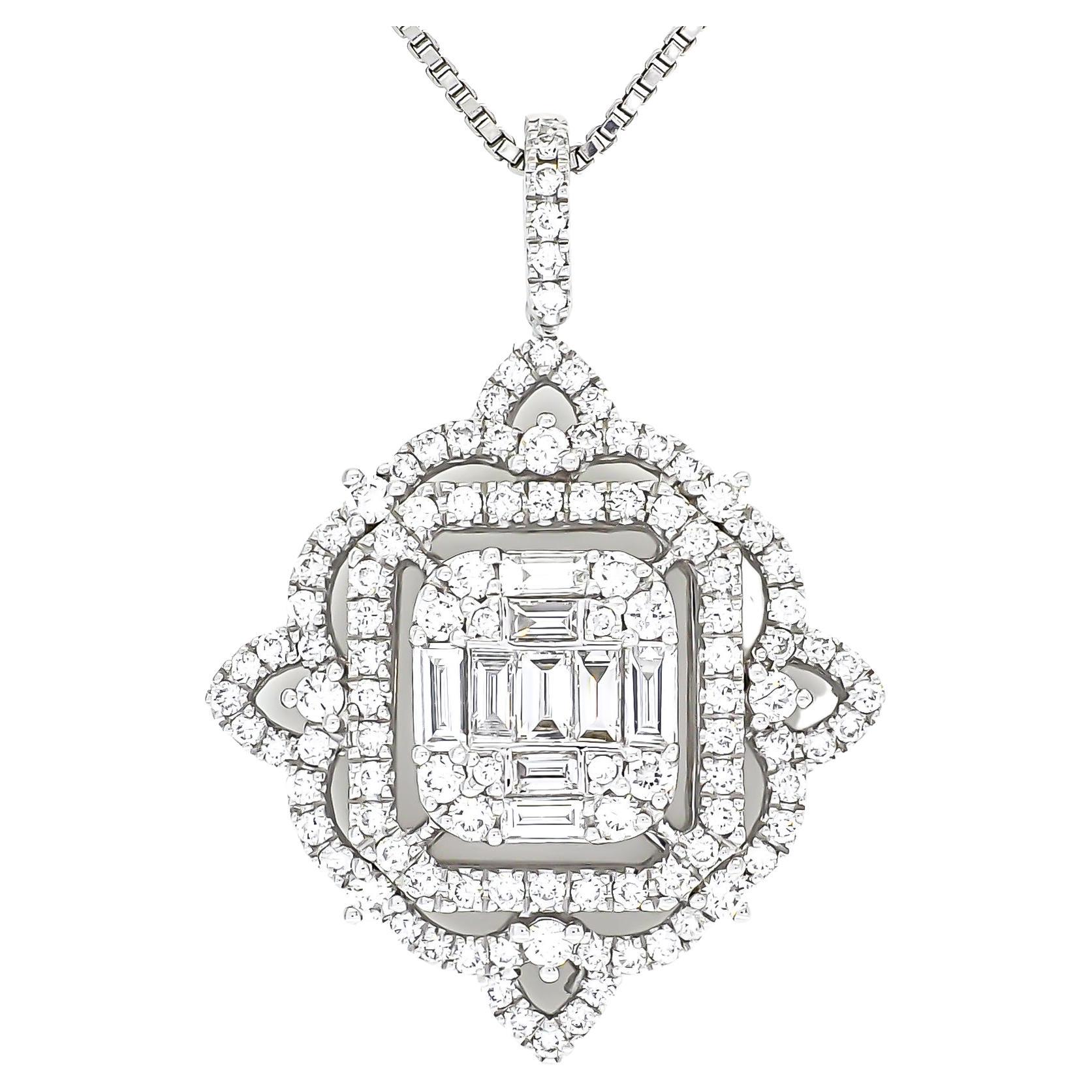 Natural Diamond Pendant 1.10 ct 18 Karat White Gold Pendant Chain Necklace