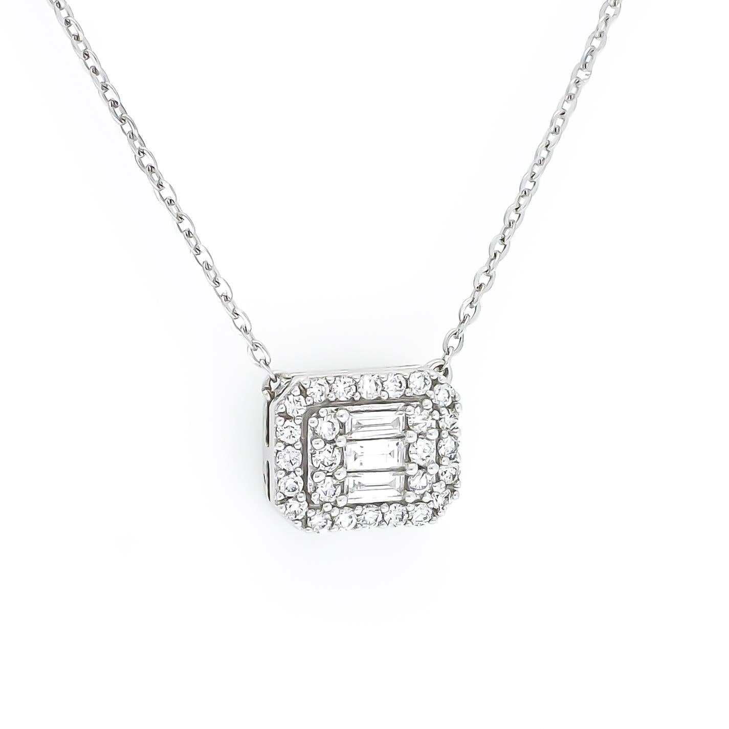 Baguette Cut Natural Diamond Pendant 0.25 CT 18KT White Gold Cluster Halo Chain Necklace For Sale