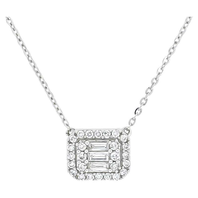 18KT White Gold Baguette Round Natural Diamonds Cluster Halo Pendant ...