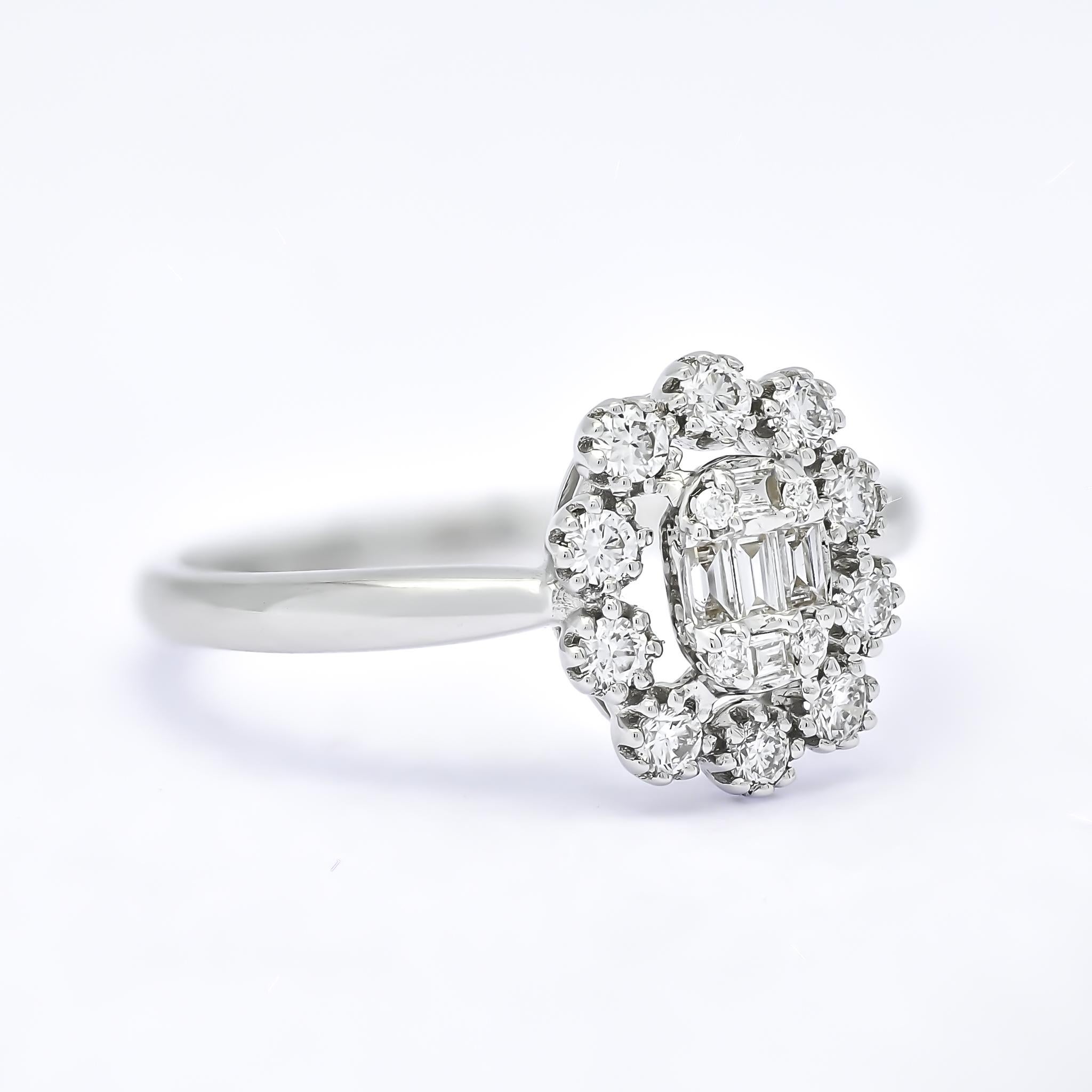 Victorian 18KT White Gold Baguette Round Halo Cluster Natural Diamonds Ring R05787 For Sale
