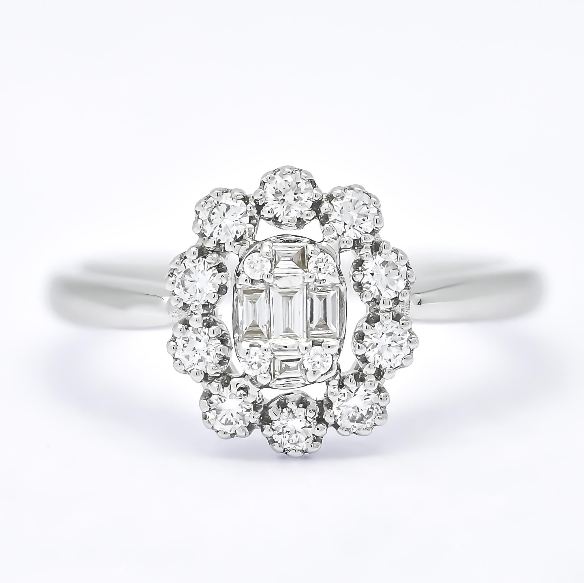 Baguette Cut 18KT White Gold Baguette Round Halo Cluster Natural Diamonds Ring R05787 For Sale