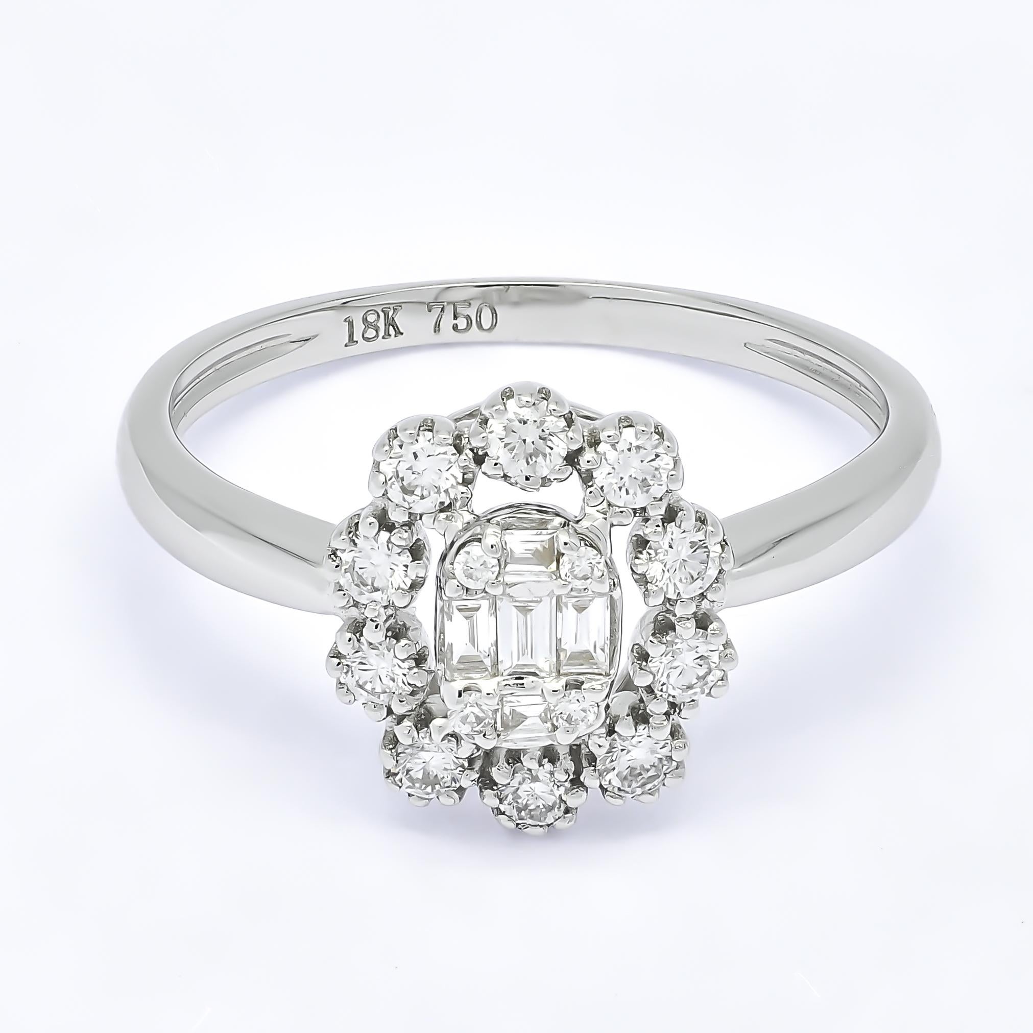 18KT Weißgold Baguette-Ring mit rundem Halo-Cluster mit natürlichen Diamanten R05787 Damen im Angebot