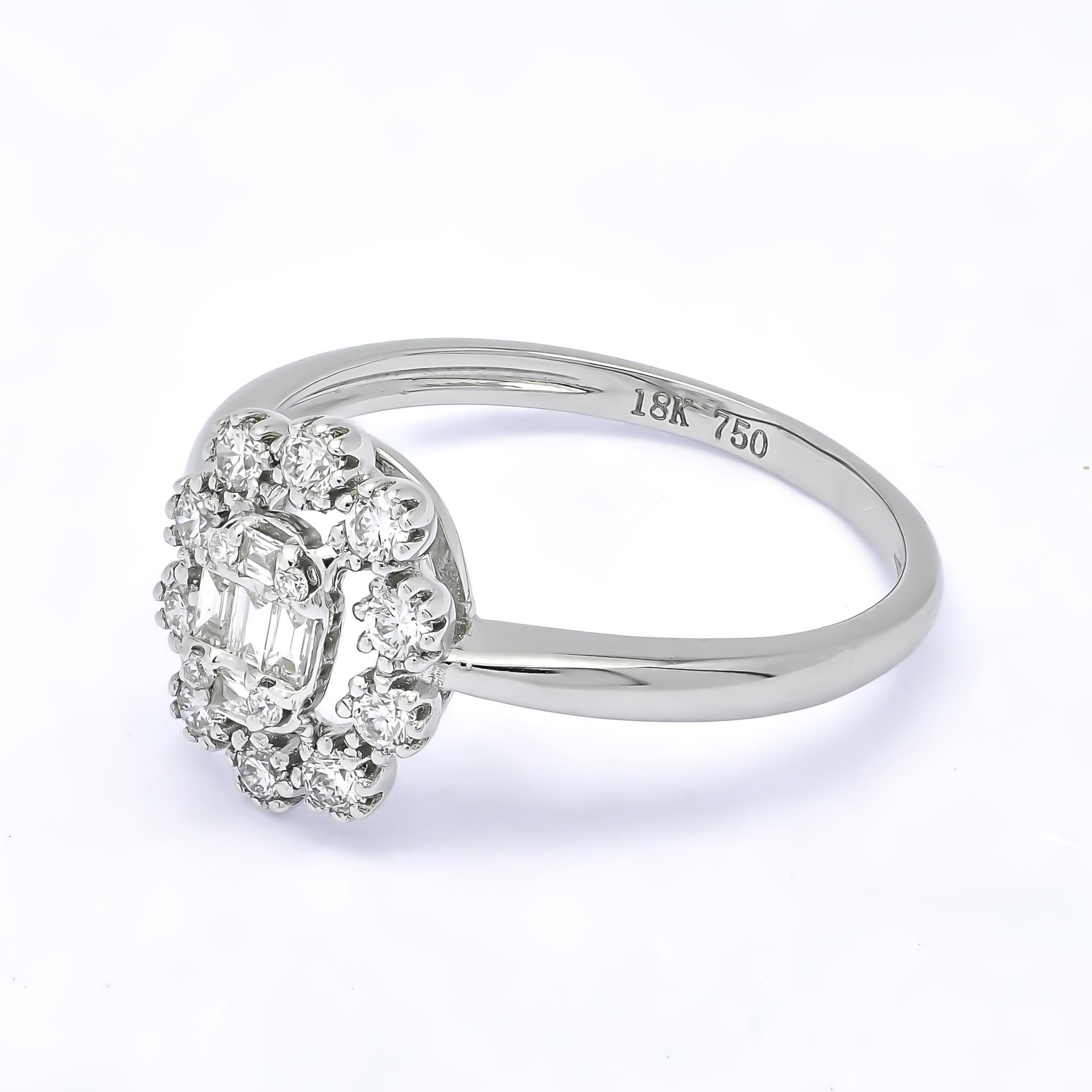 18KT Weißgold Baguette-Ring mit rundem Halo-Cluster mit natürlichen Diamanten R05787 im Angebot 1