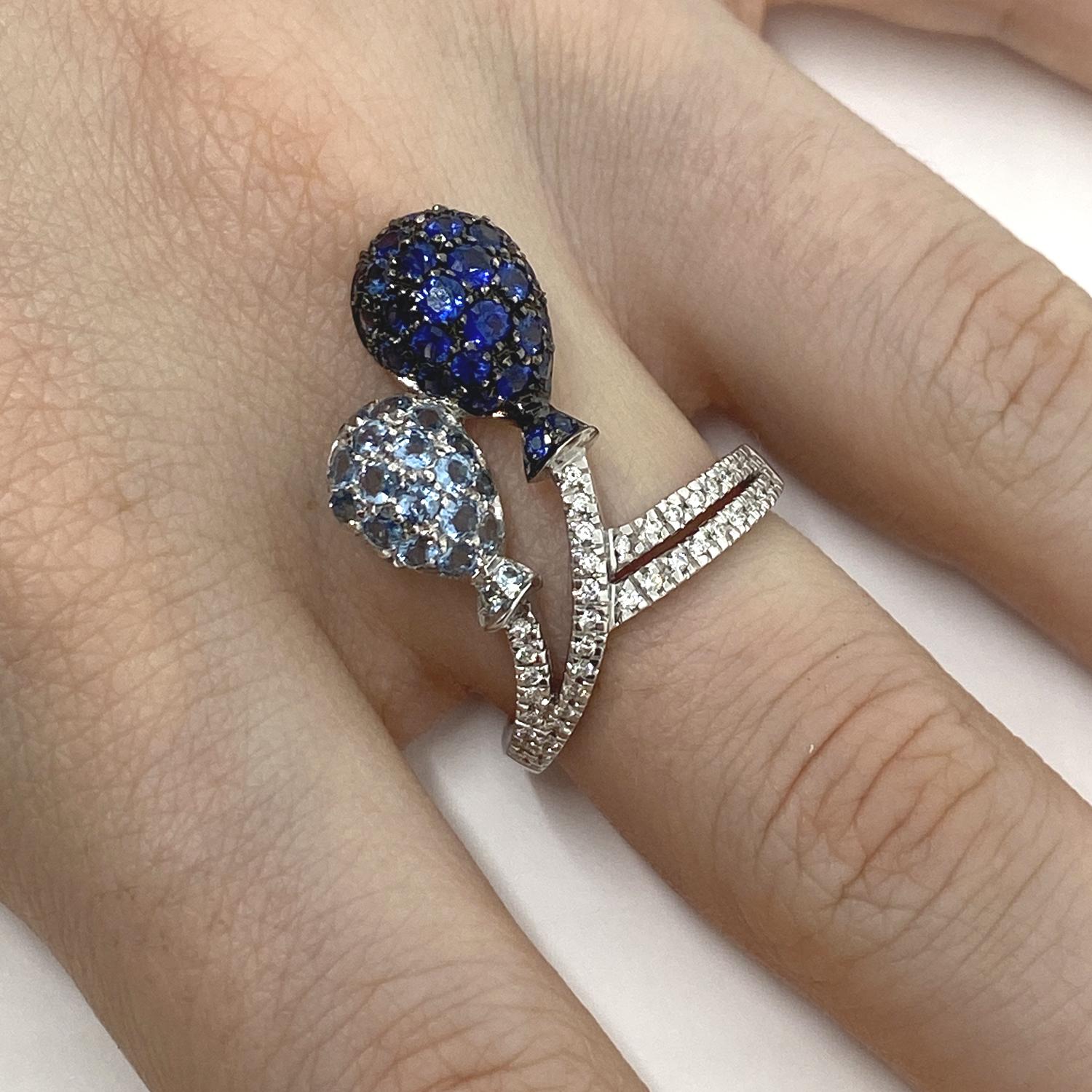 Ring made of 18 kt white gold with 0.21 ct Natural White Diamonds , 1.23 ct Blue Sapphires and 0.75ct aquamarine

Welcome to our jewelry collection, where every piece tells a story of timeless elegance and unparalleled craftsmanship. As a family-run