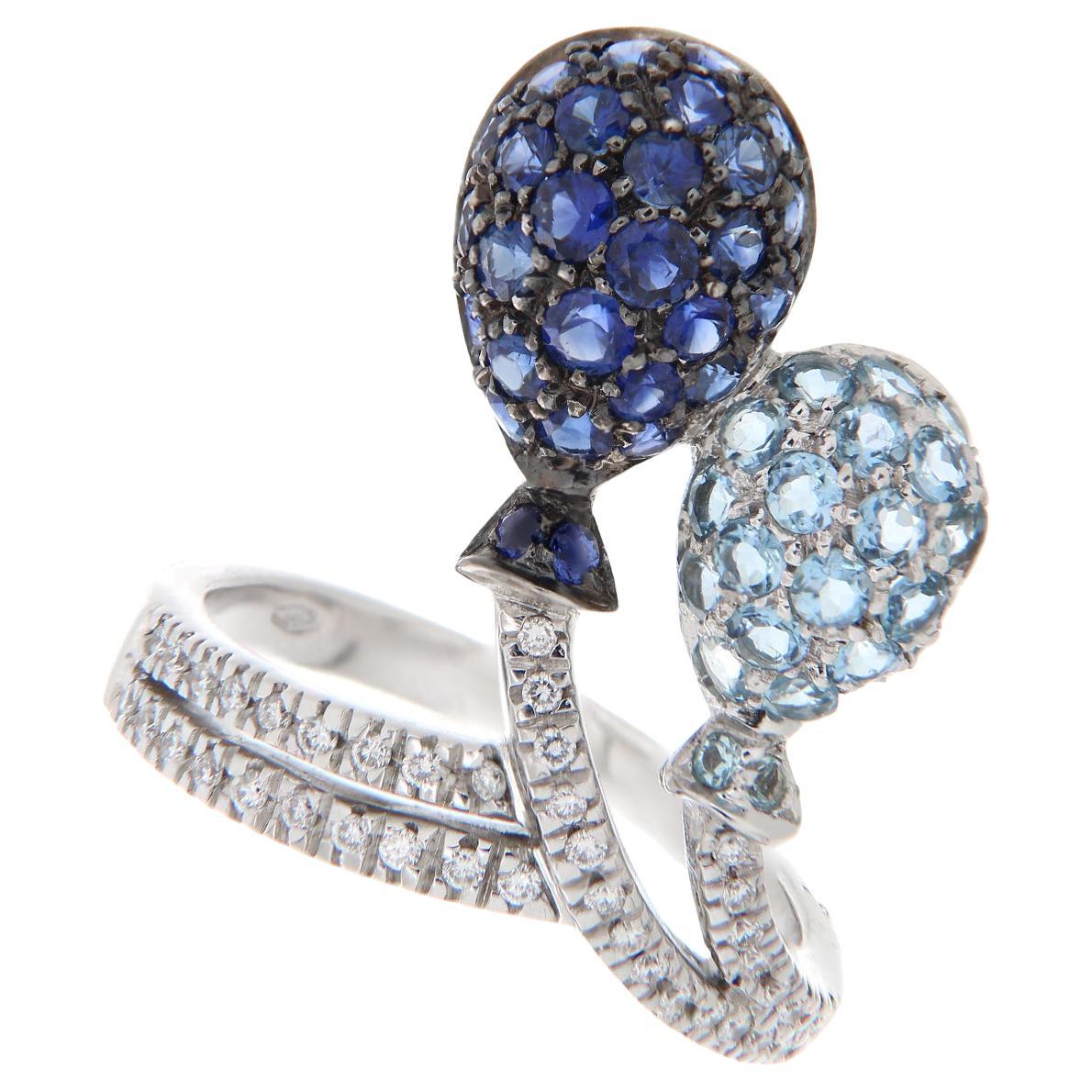 18Kt White Gold Balloon Ring Diamonds, Blue Sapphires & Aquamarine For Sale