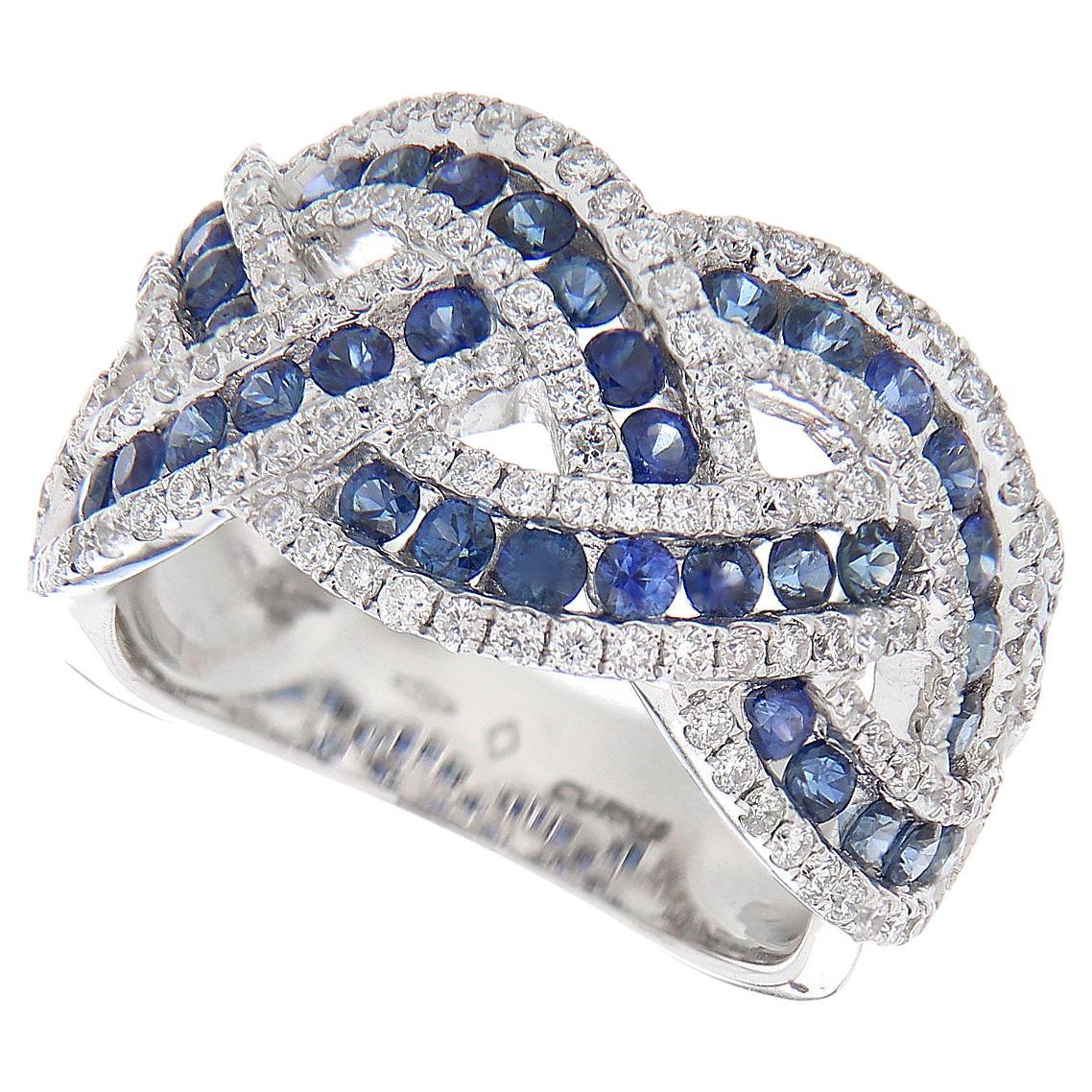 18kt White Gold Band Ring White Diamonds 1.07 Ct Blue Sapphires 1.73 Ct For Sale