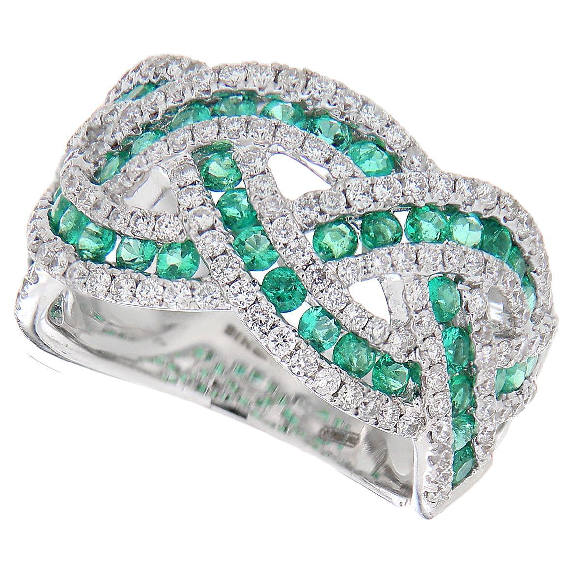 18Kt White Gold Band Ring White Diamonds 1.08 ct Emeralds 1.85 ct For Sale