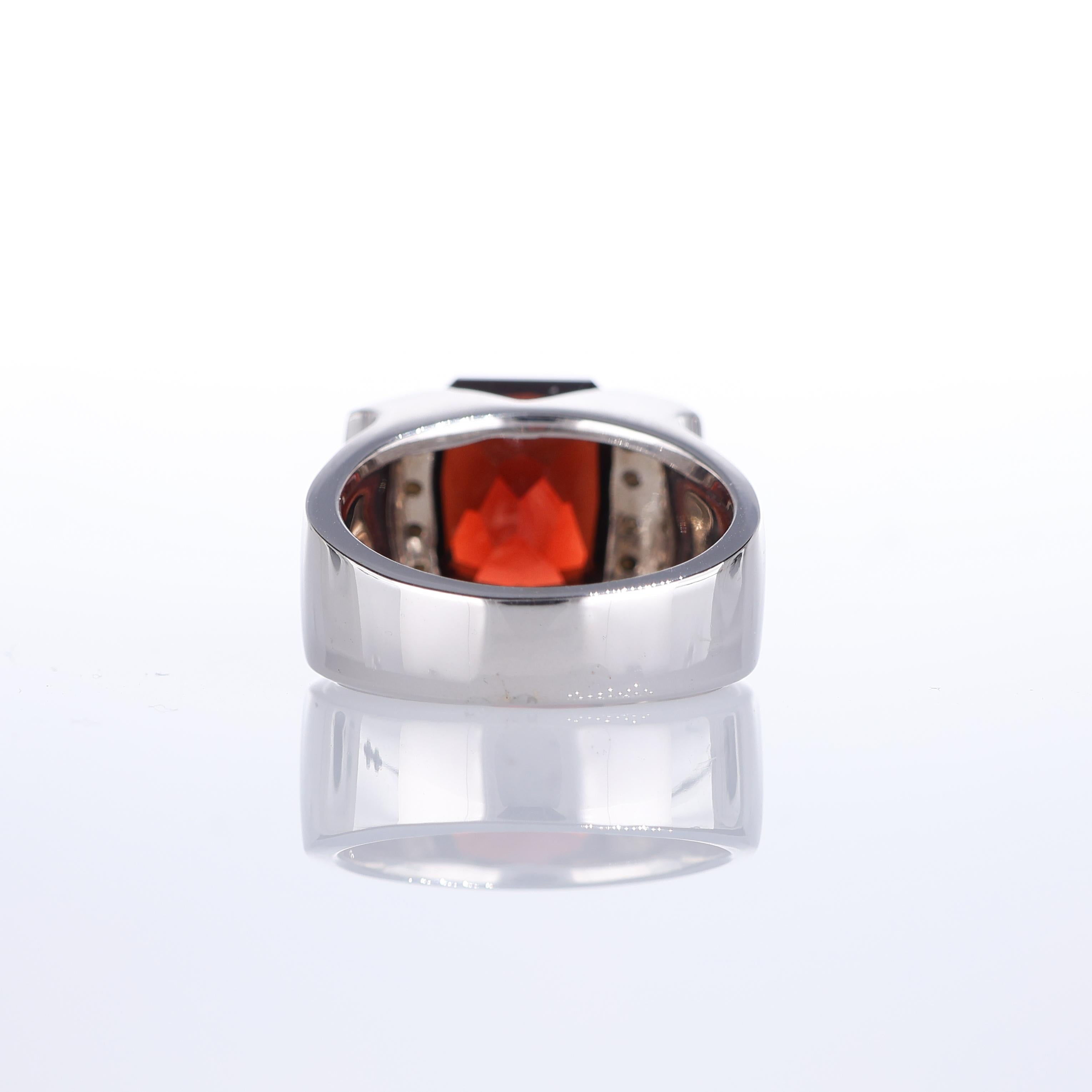 Women's or Men's 18kt White Gold Band Ring with Rectangular Garnet and Diamond Accents For Sale