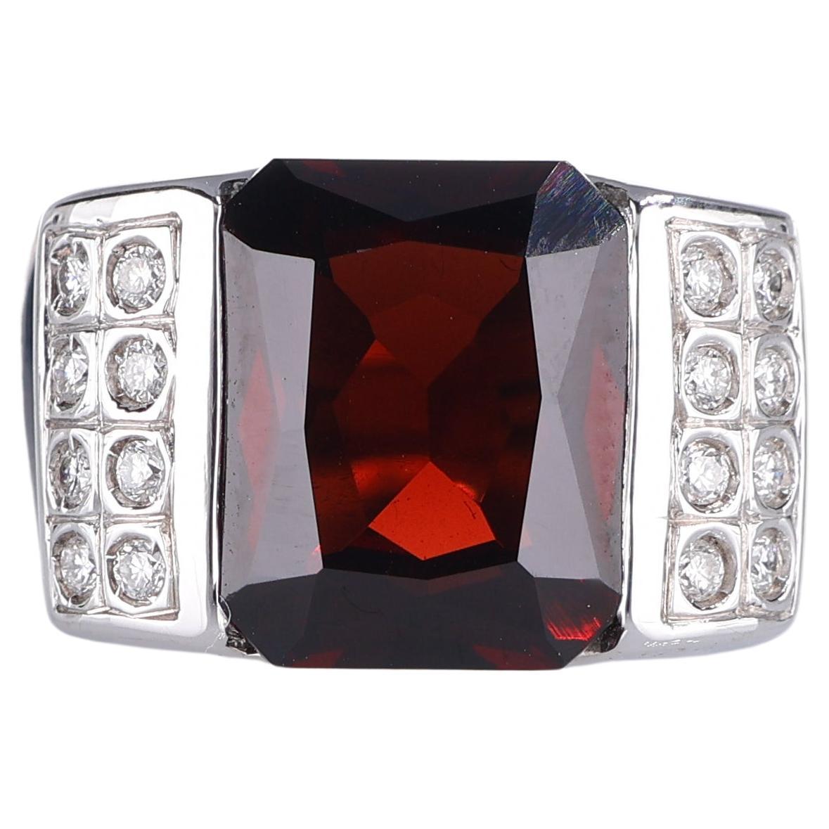 18kt White Gold Band Ring with Rectangular Garnet and Diamond Accents