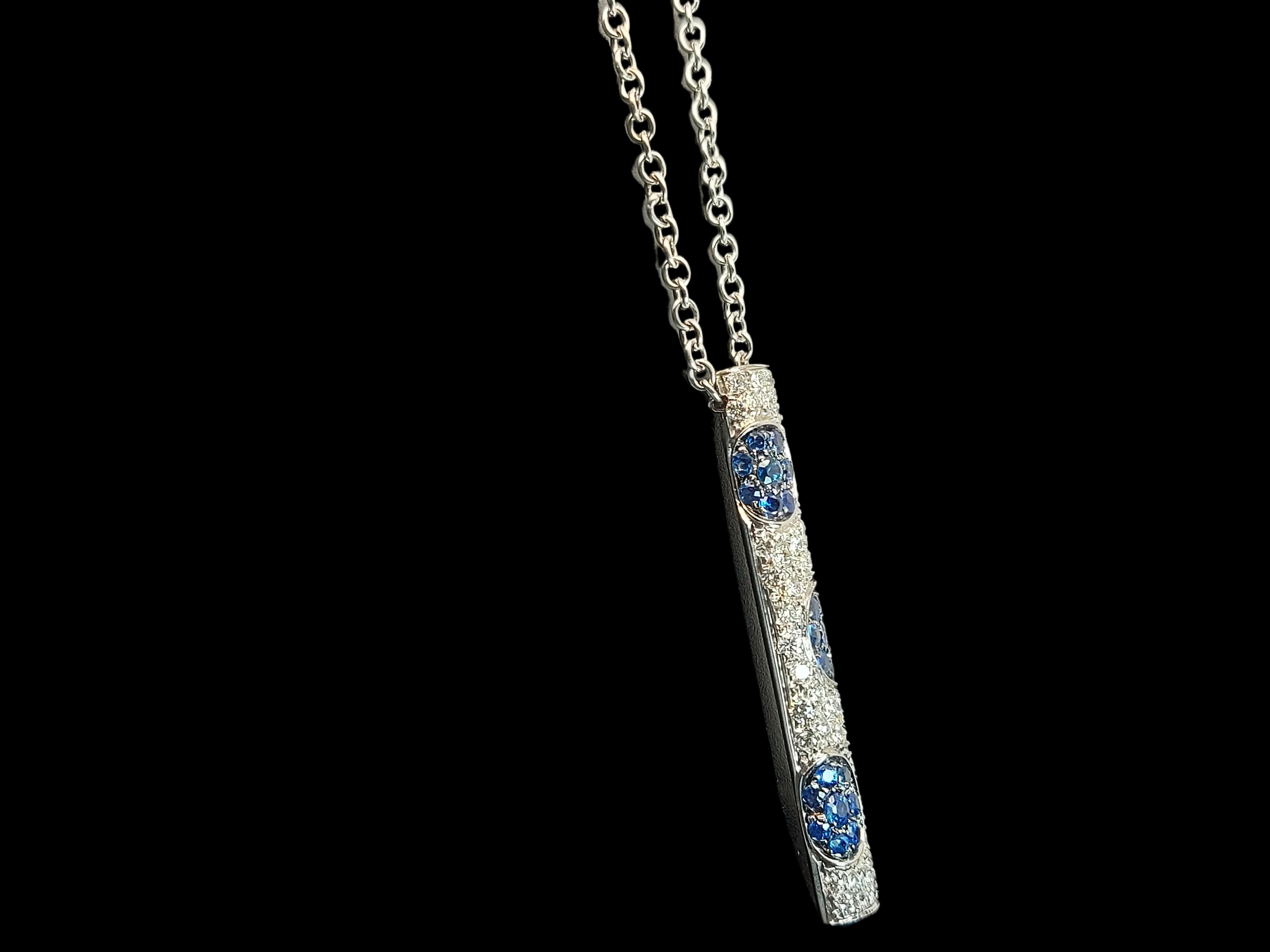 Artisan 18kt White Gold Bar Necklace With 1ct Diamonds and 0.57ct Sapphires   For Sale