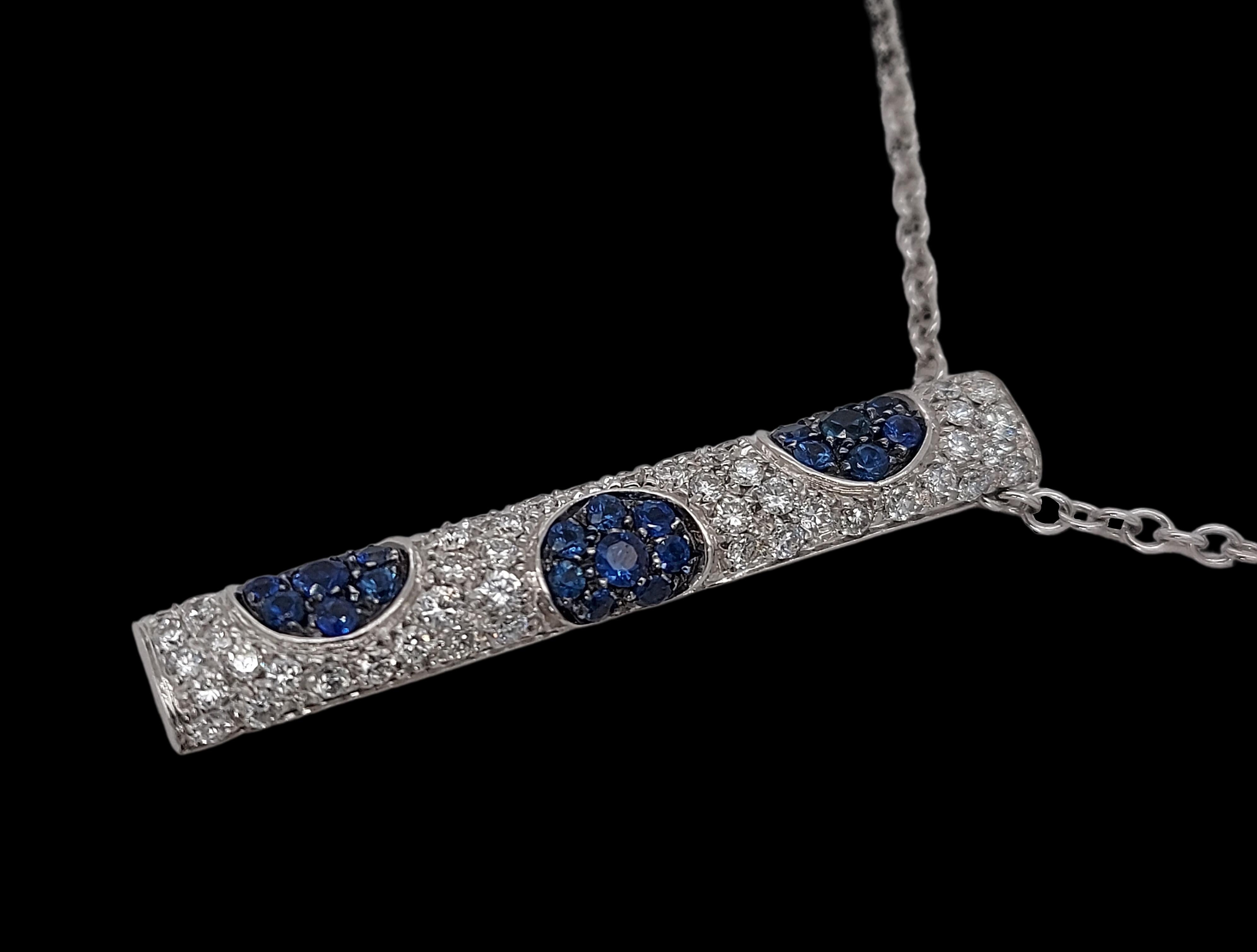 Brilliant Cut 18kt White Gold Bar Necklace With 1ct Diamonds and 0.57ct Sapphires   For Sale