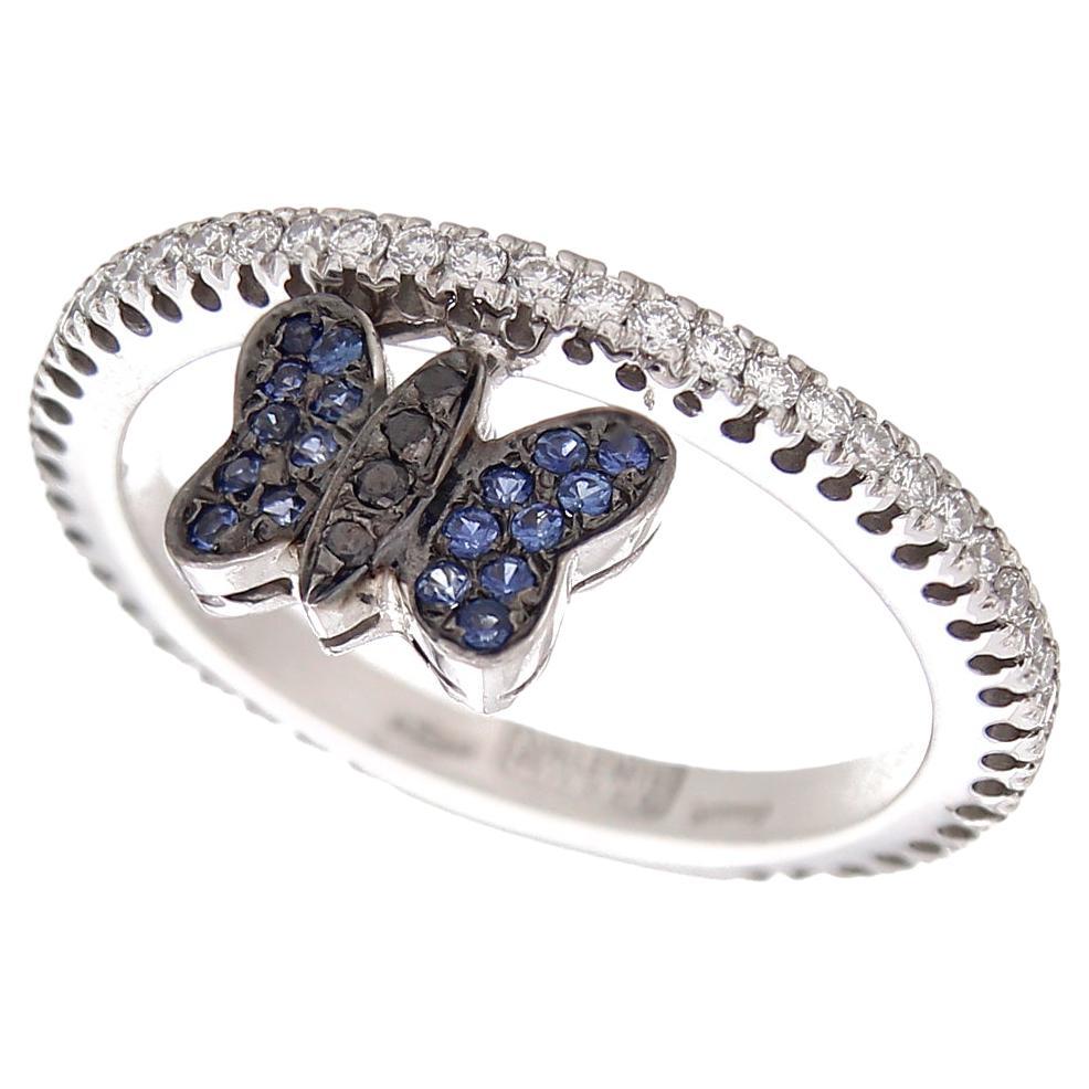 18Kt White Gold Batterfly Ring Blue Sapphires White and Black Diamonds