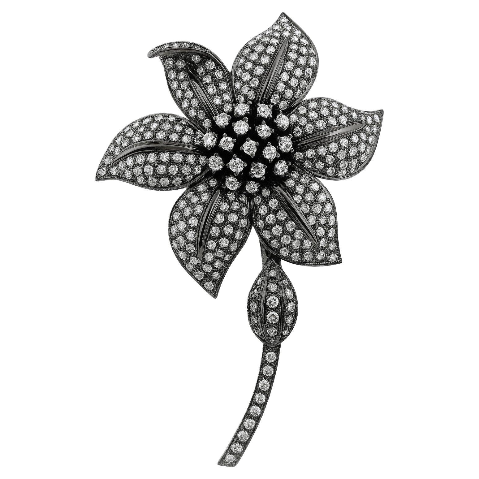 18kt White Gold Black Rhodium Diamond Flower Pin For Sale
