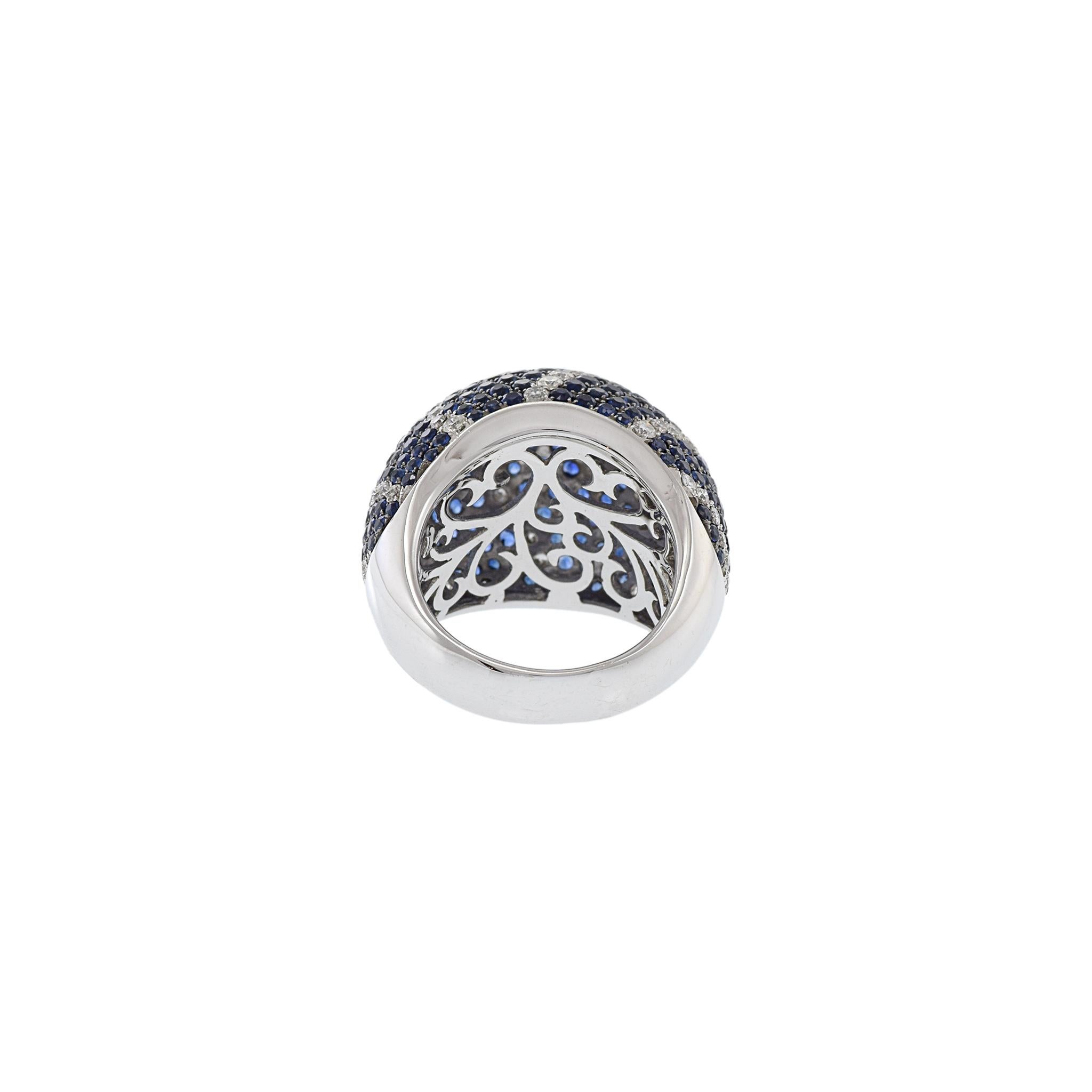 18KT White Gold Blue Sapphire And Diamond Dome Ring For Sale 4