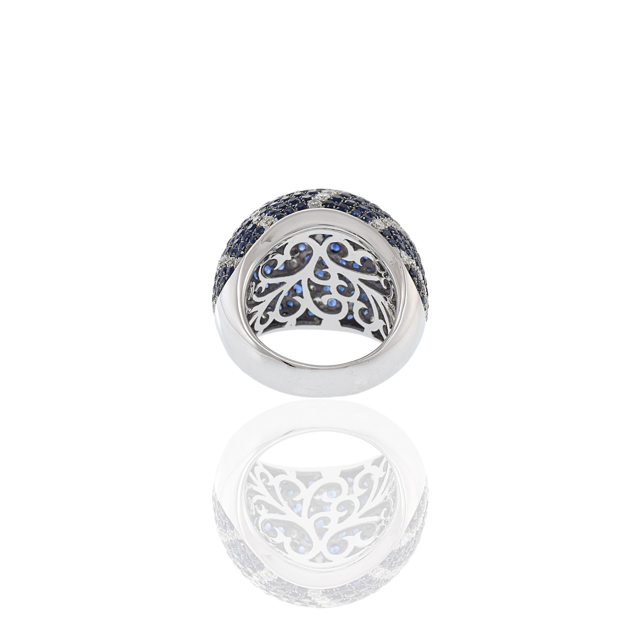 18KT White Gold Blue Sapphire And Diamond Dome Ring For Sale 5