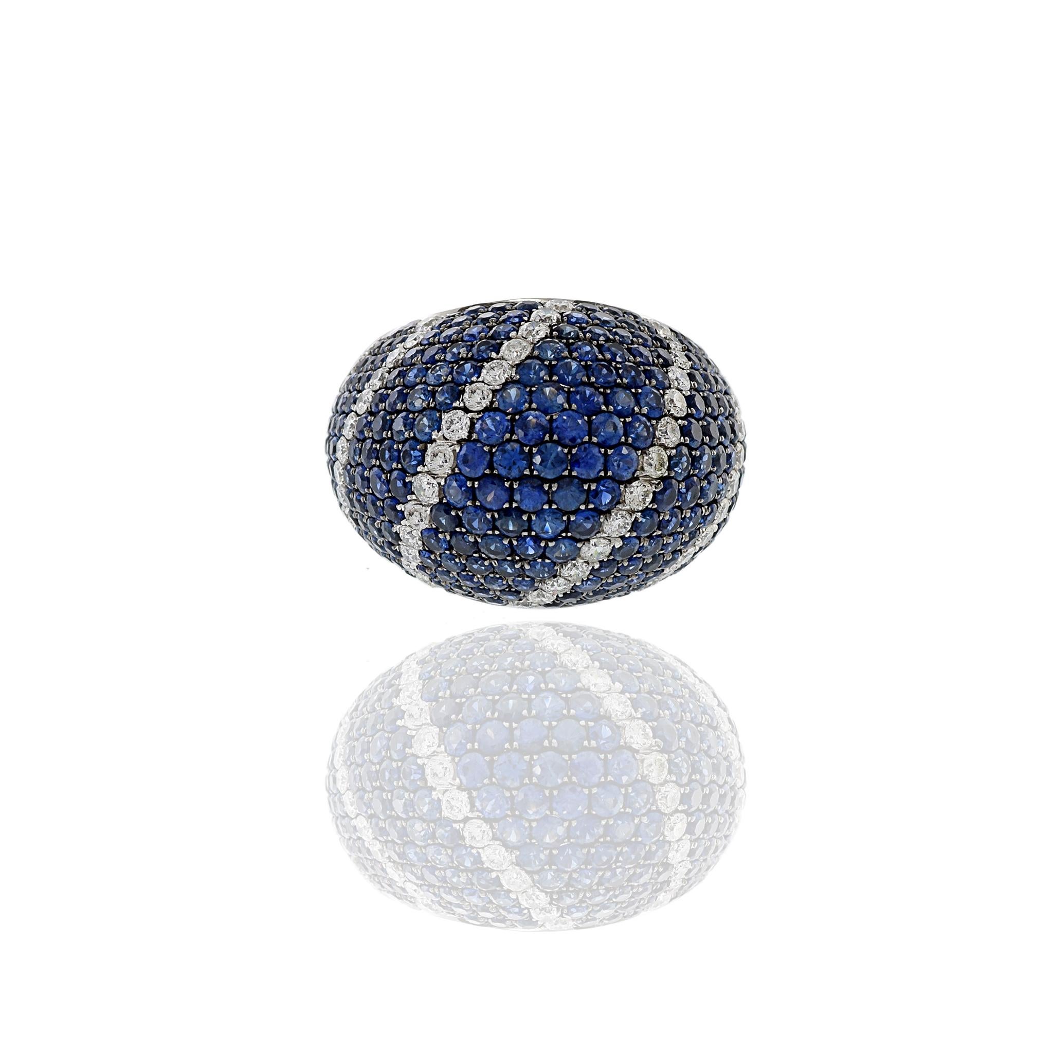 Modern 18KT White Gold Blue Sapphire And Diamond Dome Ring For Sale