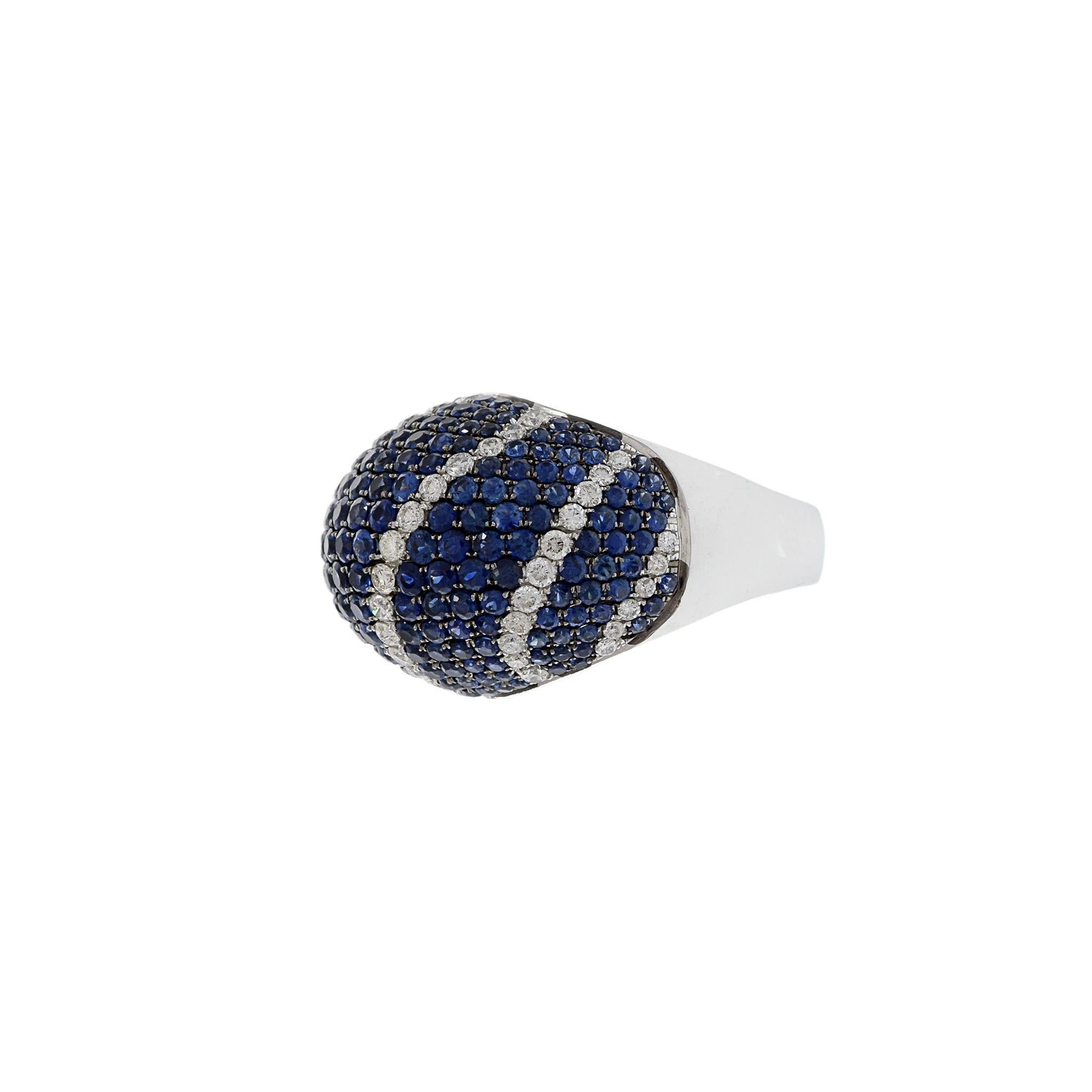 Round Cut 18KT White Gold Blue Sapphire And Diamond Dome Ring For Sale