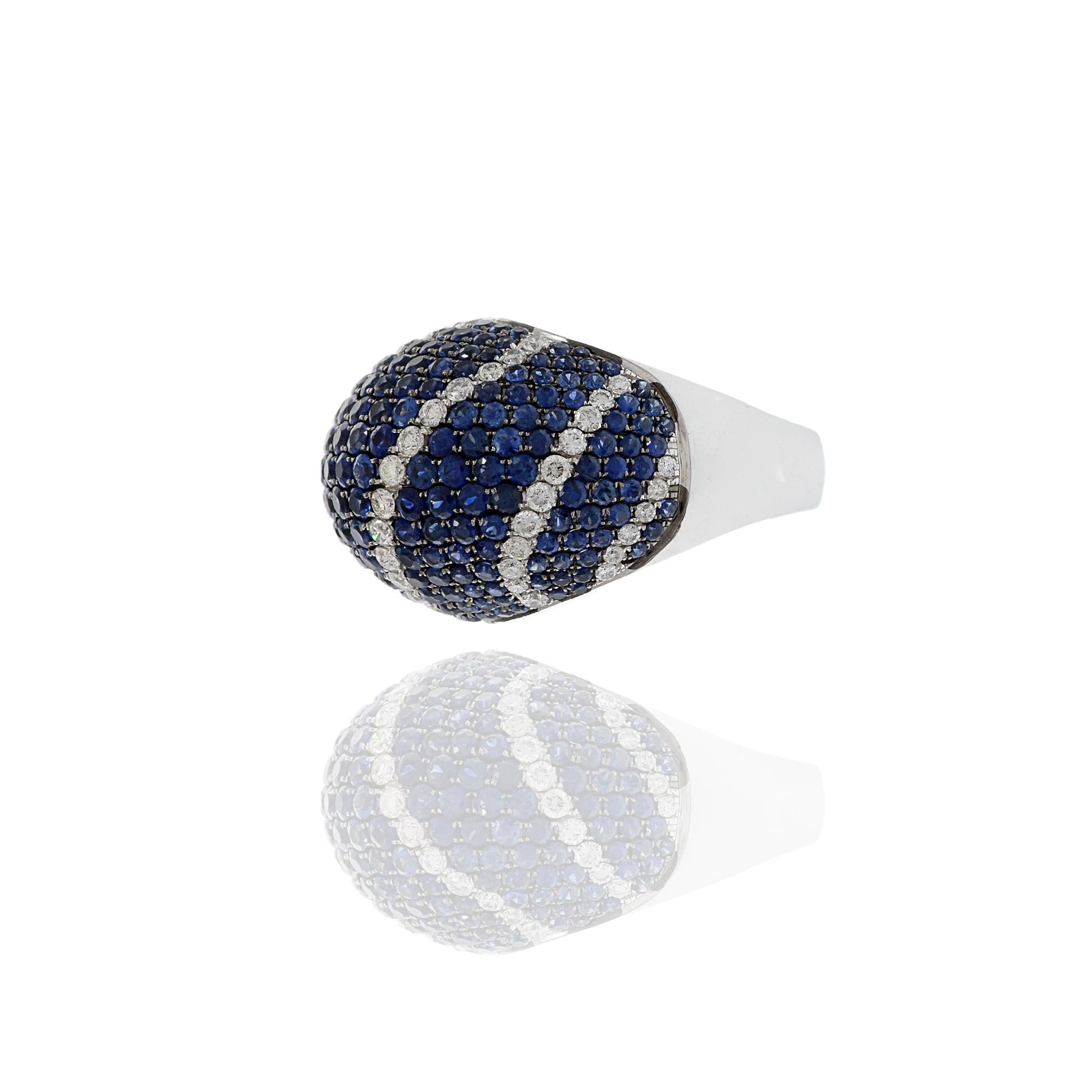18KT White Gold Blue Sapphire And Diamond Dome Ring In Excellent Condition For Sale In New York, NY