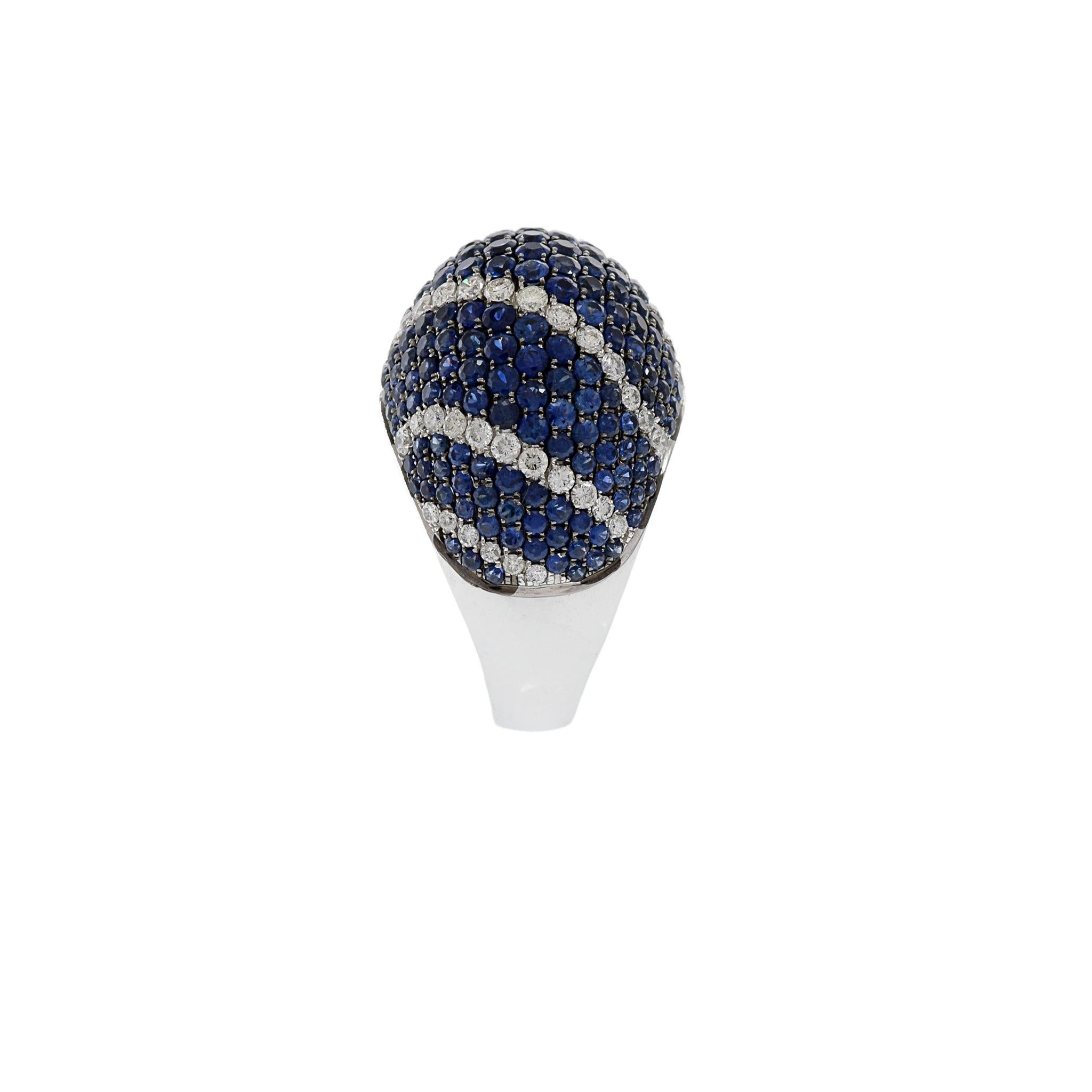 18KT White Gold Blue Sapphire And Diamond Dome Ring For Sale 2