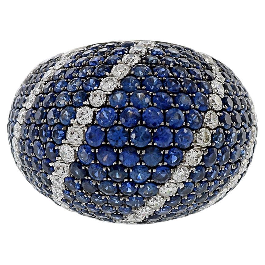 18KT White Gold Blue Sapphire And Diamond Dome Ring