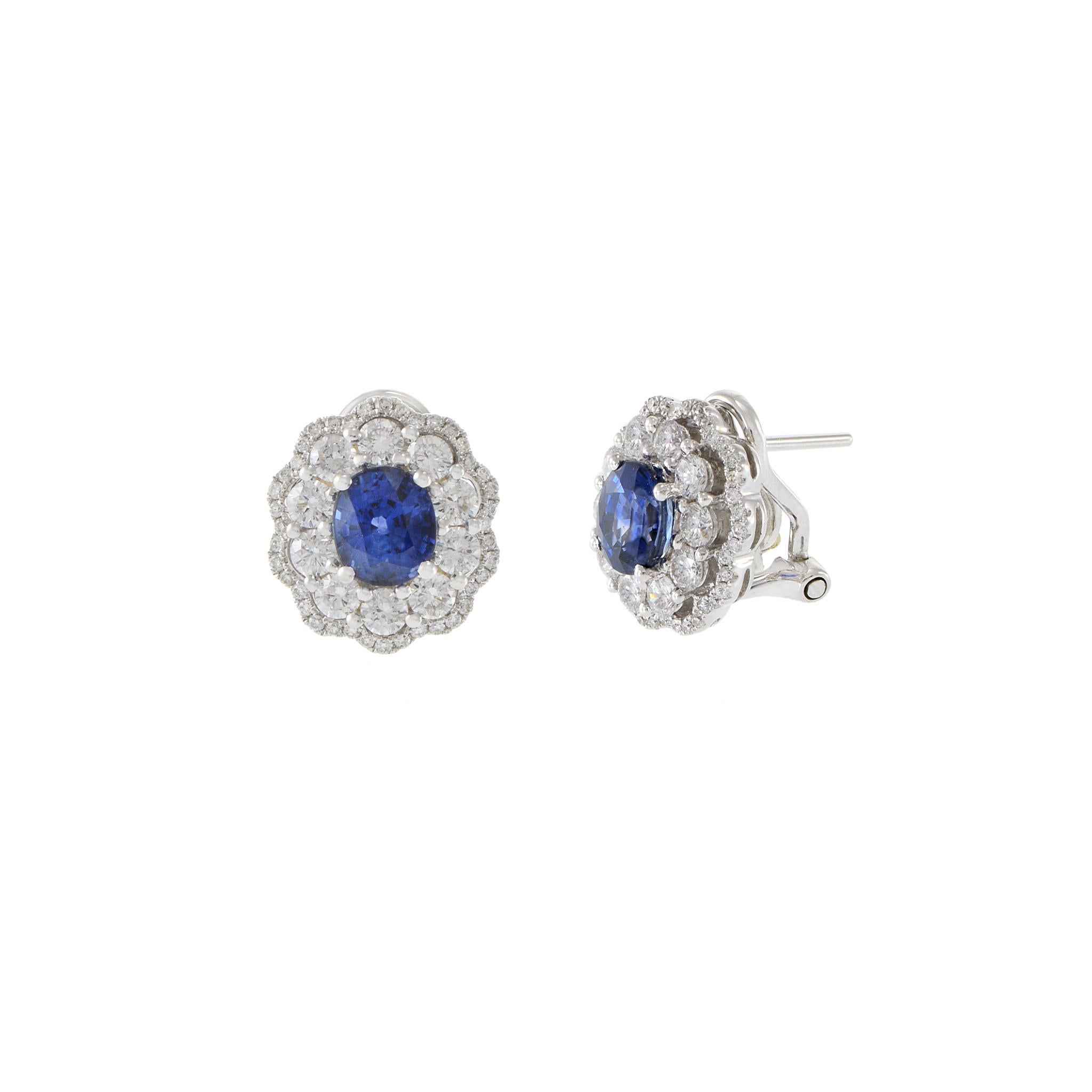 Modern 18KT White Gold Blue Sapphire And Diamond Earrings For Sale
