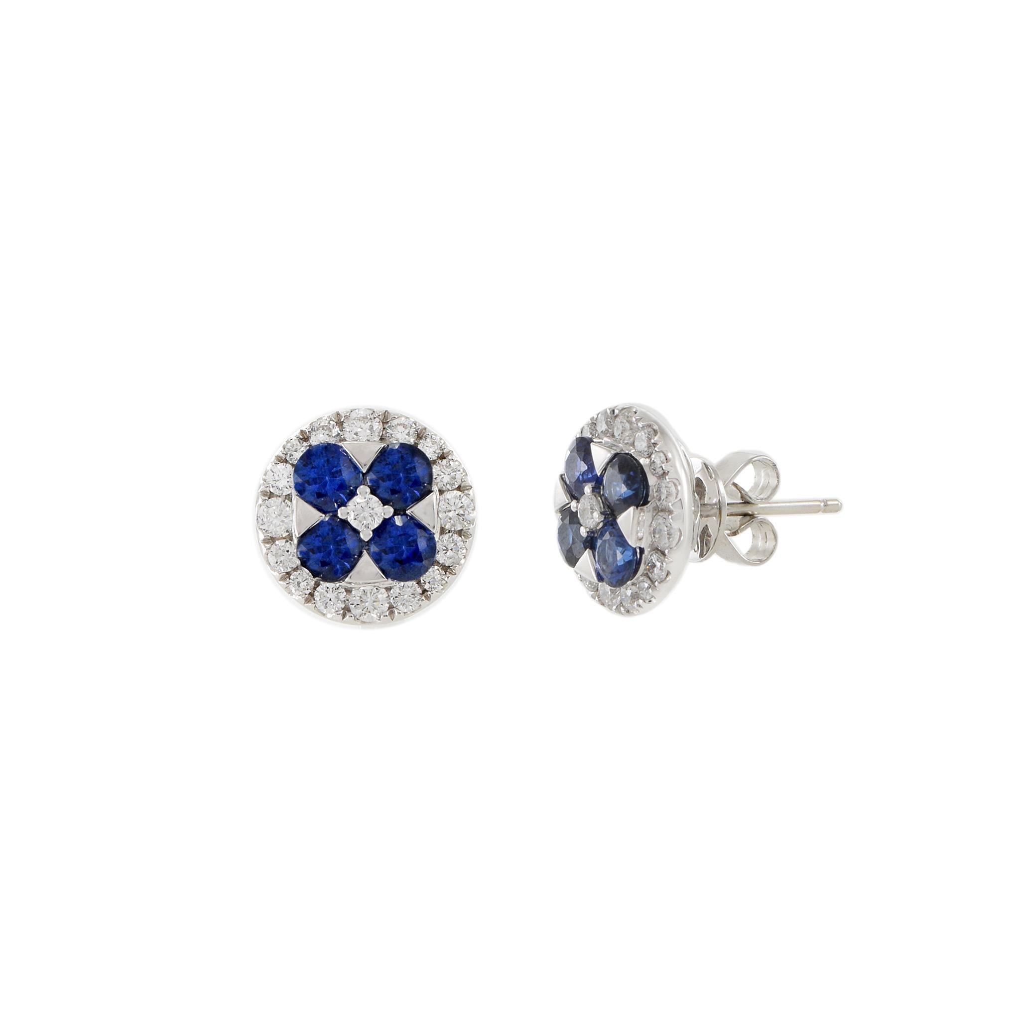 Round Cut 18KT White Gold Blue Sapphire And Diamond Earrings For Sale