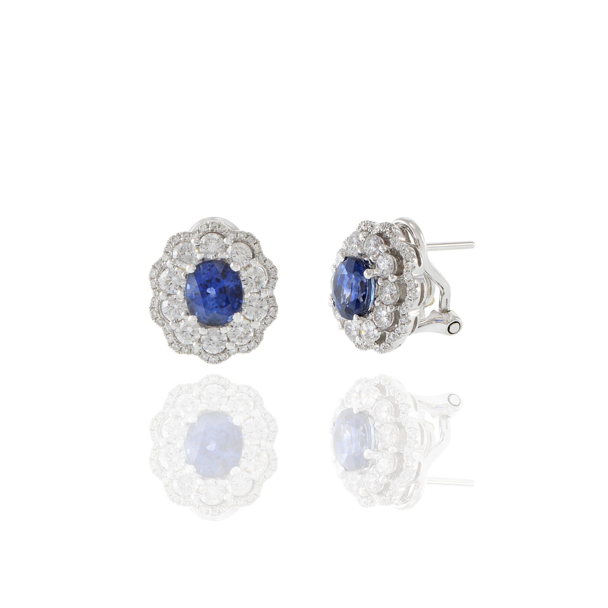 Oval Cut 18KT White Gold Blue Sapphire And Diamond Earrings For Sale