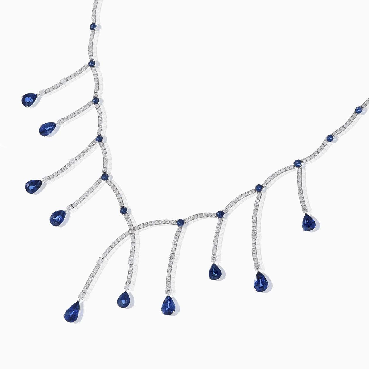 Modern 18KT White Gold Blue Sapphire And Diamond Necklace For Sale