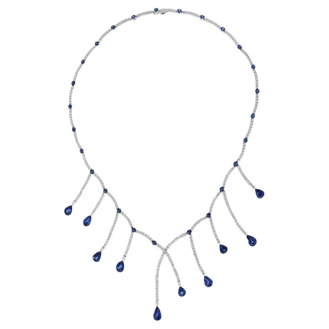 18KT White Gold Blue Sapphire And Diamond Necklace