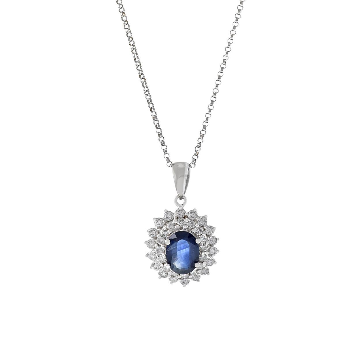 Oval Cut 18KT White Gold Blue Sapphire And Diamond Pendant Necklace For Sale