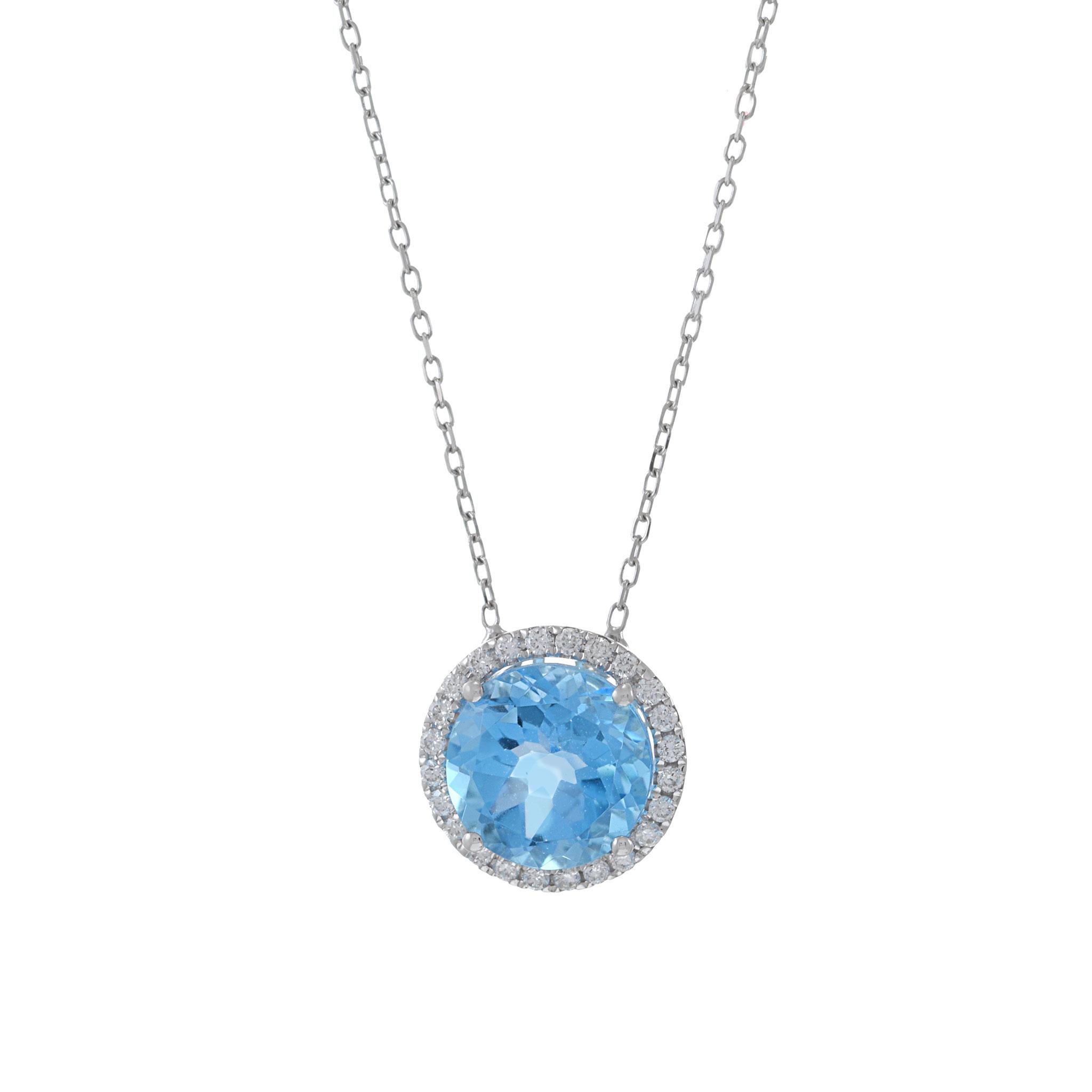 This necklace boasts a stunning 3.24CT round cut blue topaz and sparkling diamonds, all set in luxurious 18KT white gold. This necklace is crafted with top-quality materials, including 18KT white gold and a stunning 3.24CT round cut blue topaz. The