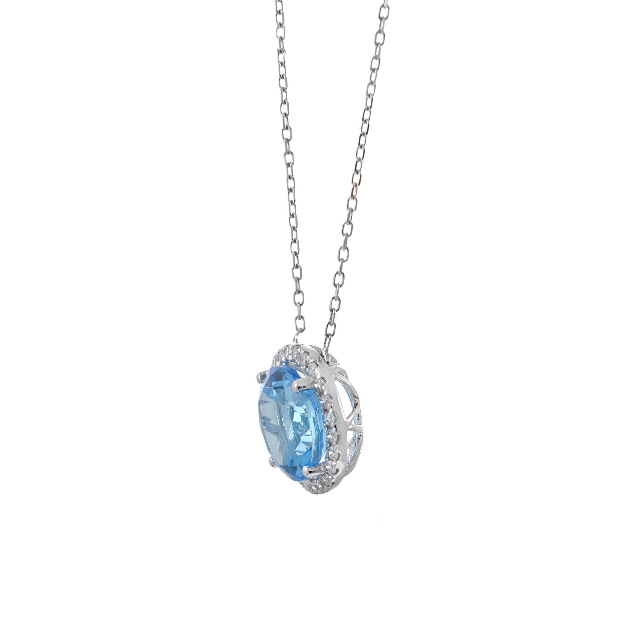 Round Cut 18KT White Gold Blue Topaz And Diamond Necklace For Sale