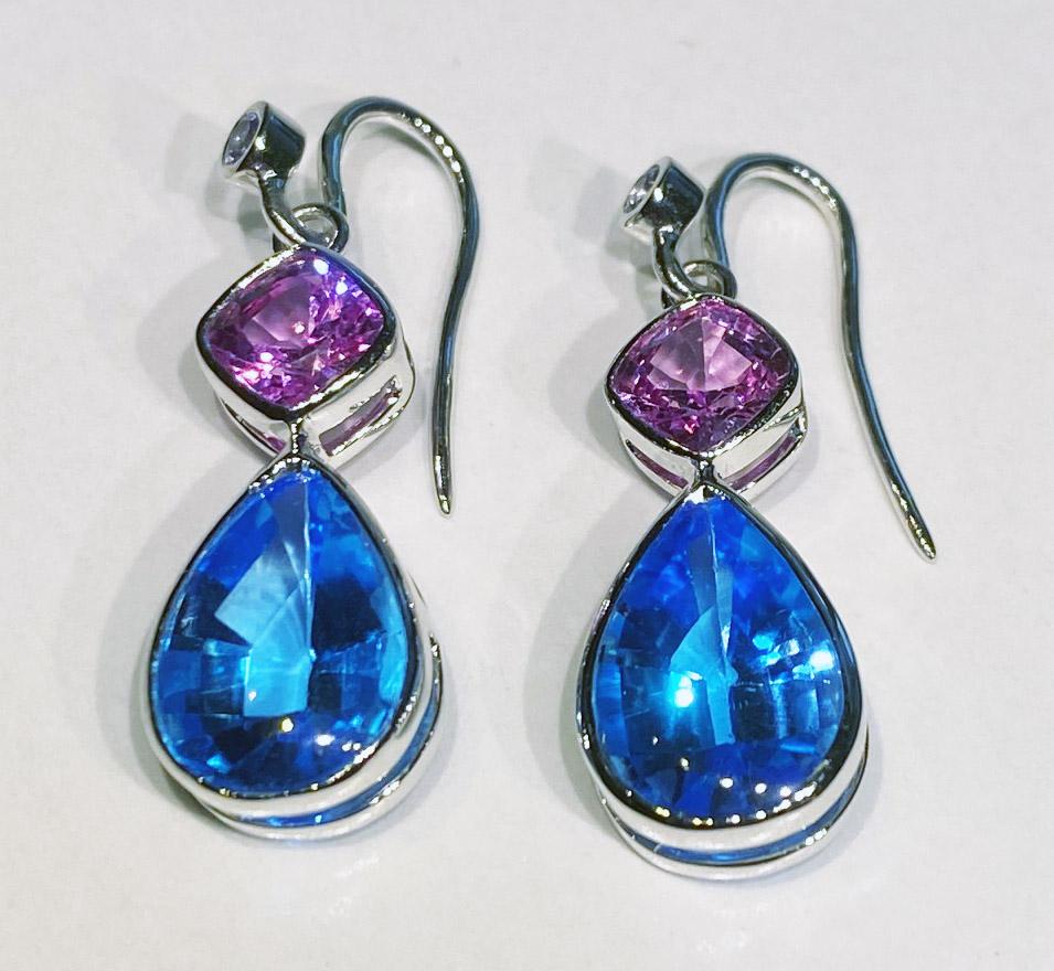 Mixed Cut 18kt White Gold, Blue Topaz & Pink Sapphire Earrings For Sale