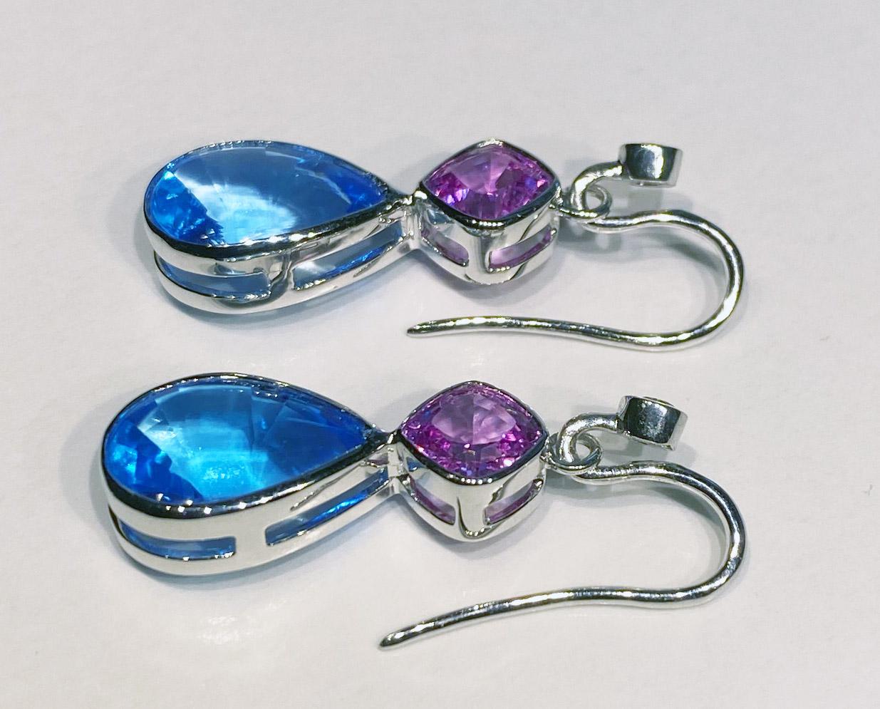 18kt White Gold, Blue Topaz & Pink Sapphire Earrings In New Condition For Sale In Coupeville, WA