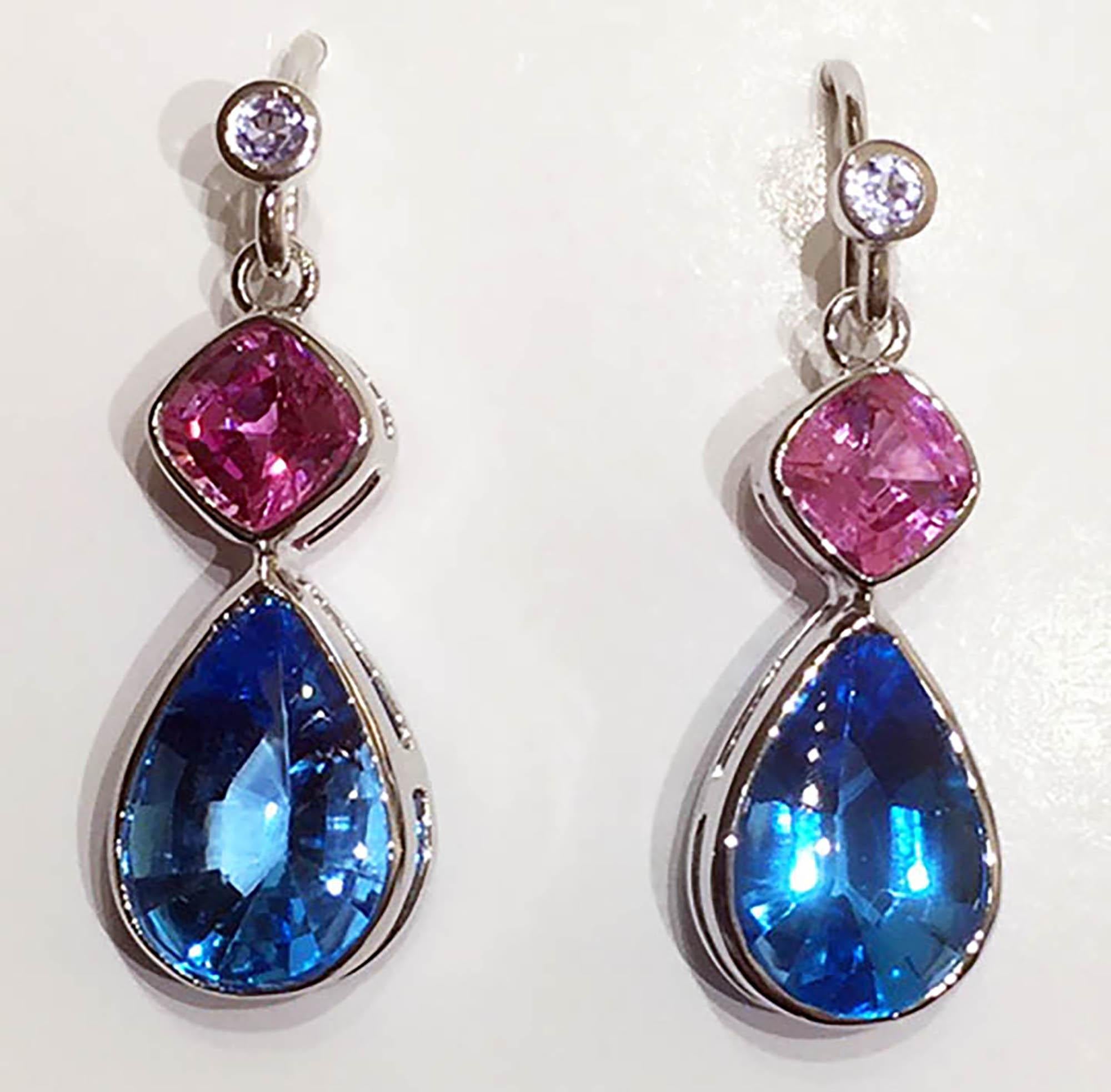 18kt White Gold, Blue Topaz & Pink Sapphire Earrings For Sale 1